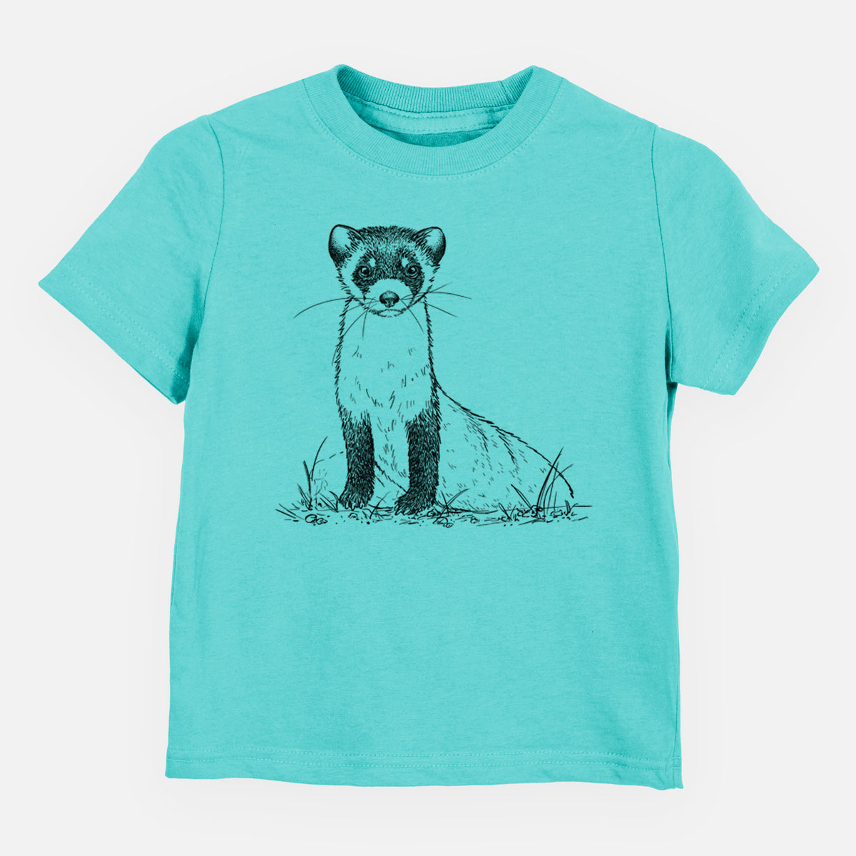 Caribbean blue toddler t-shirt laid flat, printed with a detailed black ink illustration of a black-footed ferret sitting on the ground.