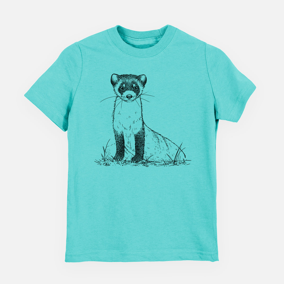 Caribbean blue youth t-shirt laid flat, printed with a detailed black ink illustration of a black-footed ferret sitting on the ground.