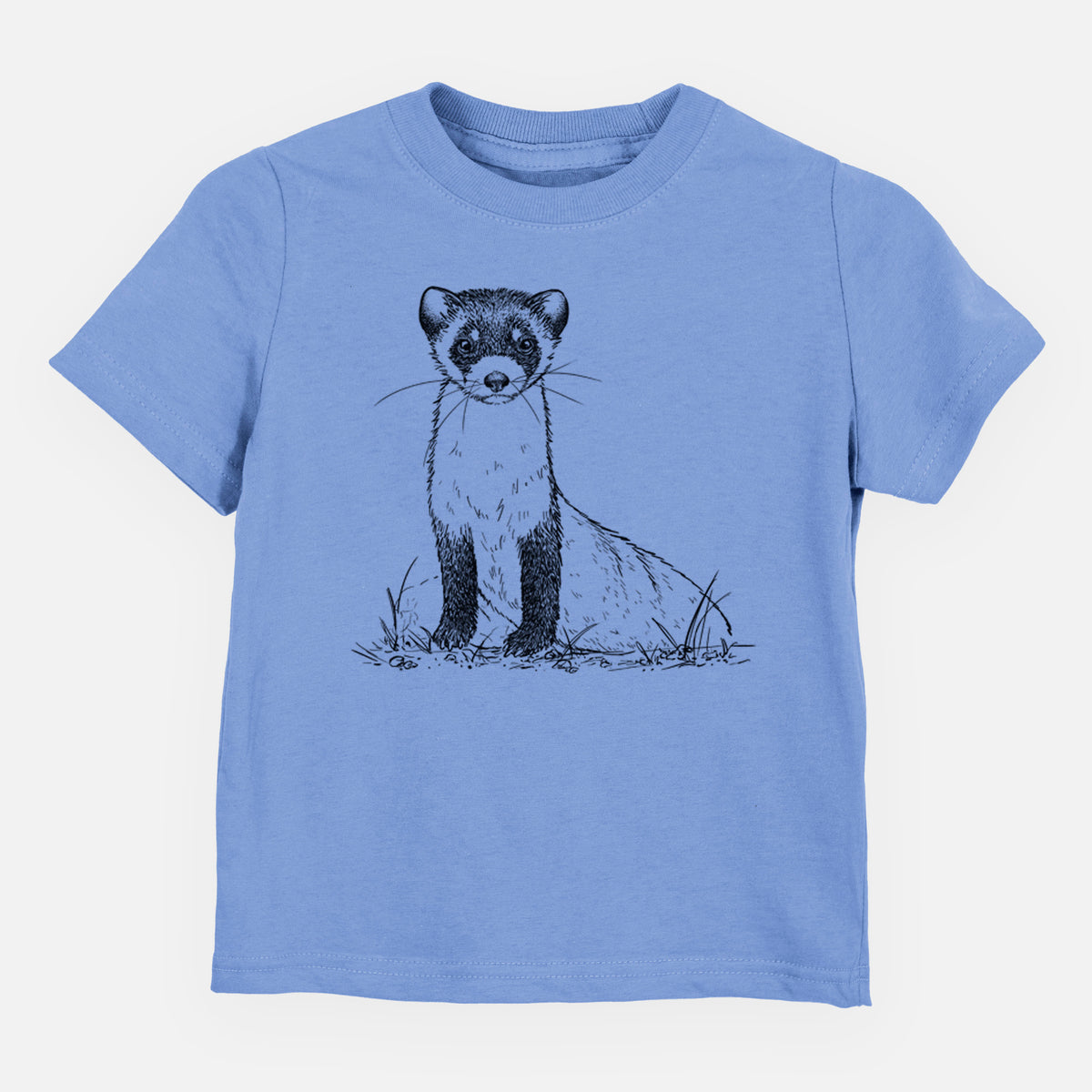 Carolina blue toddler t-shirt laid flat, printed with a detailed black ink illustration of a black-footed ferret sitting on the ground.