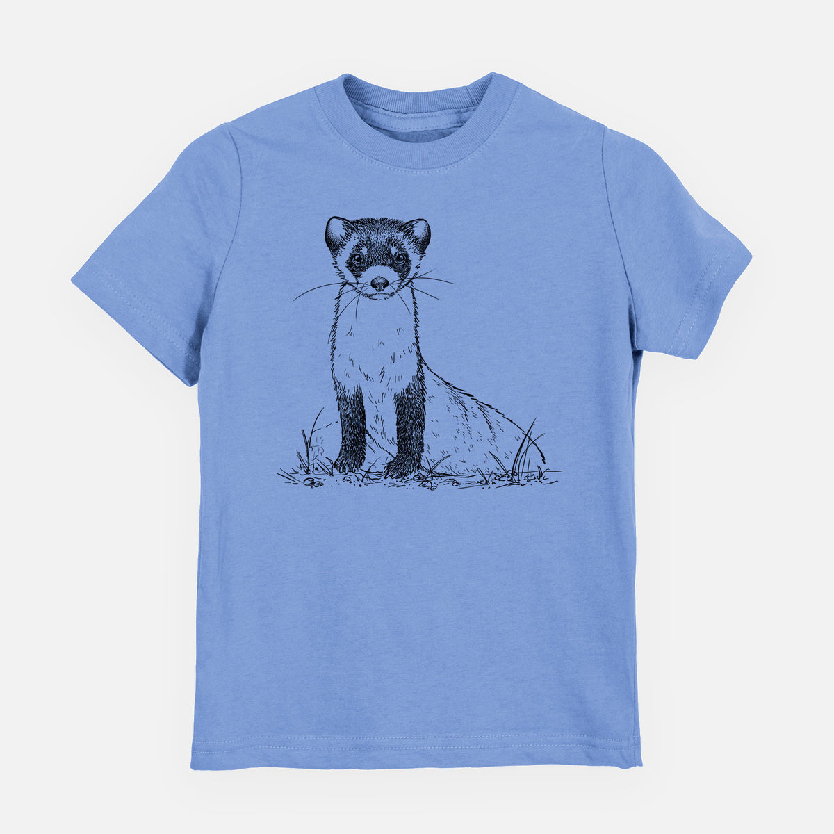 Carolina blue youth t-shirt laid flat, printed with a detailed black ink illustration of a black-footed ferret sitting on the ground.