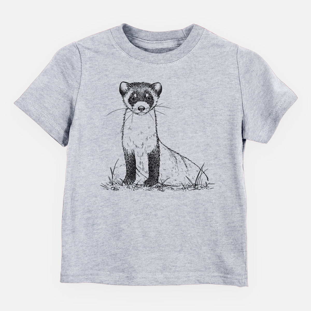 Heather grey toddler t-shirt laid flat, printed with a detailed black ink illustration of a black-footed ferret sitting on the ground.