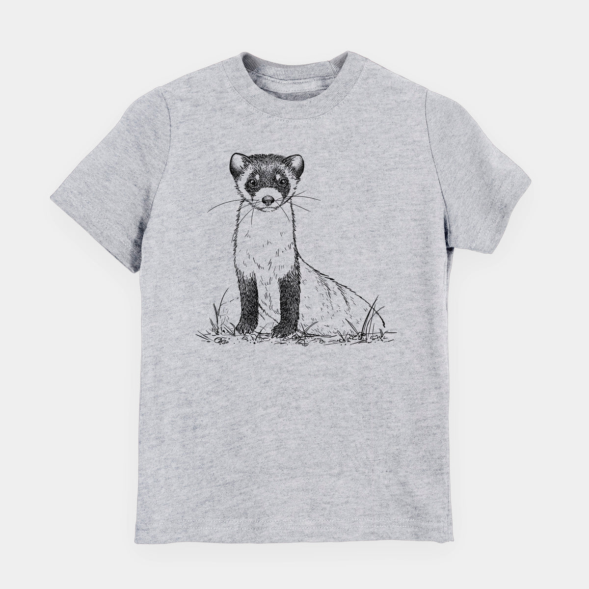 Heather grey youth t-shirt laid flat, printed with a detailed black ink illustration of a black-footed ferret sitting on the ground.