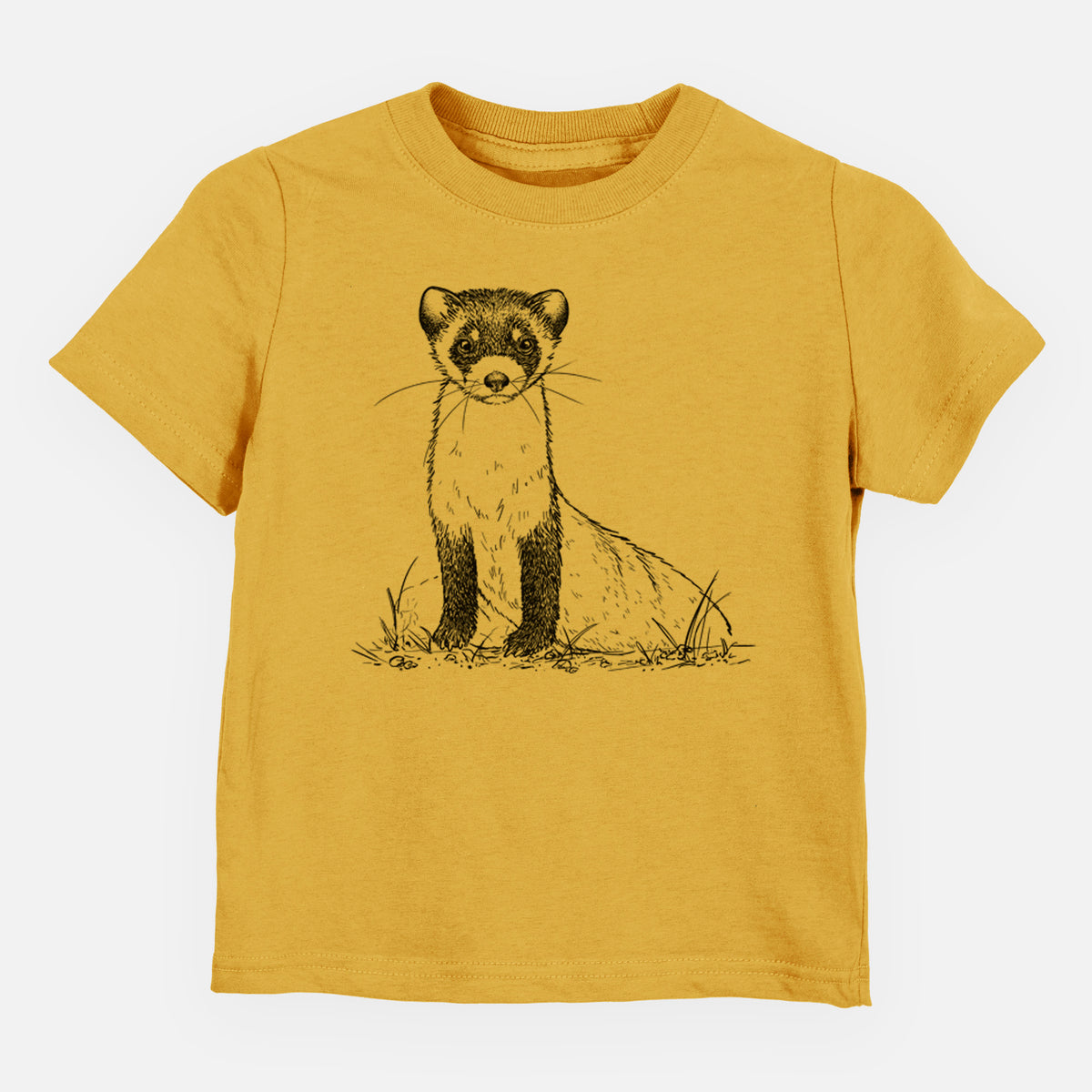Honeycomb yellow toddler t-shirt laid flat, printed with a detailed black ink illustration of a black-footed ferret sitting on the ground.
