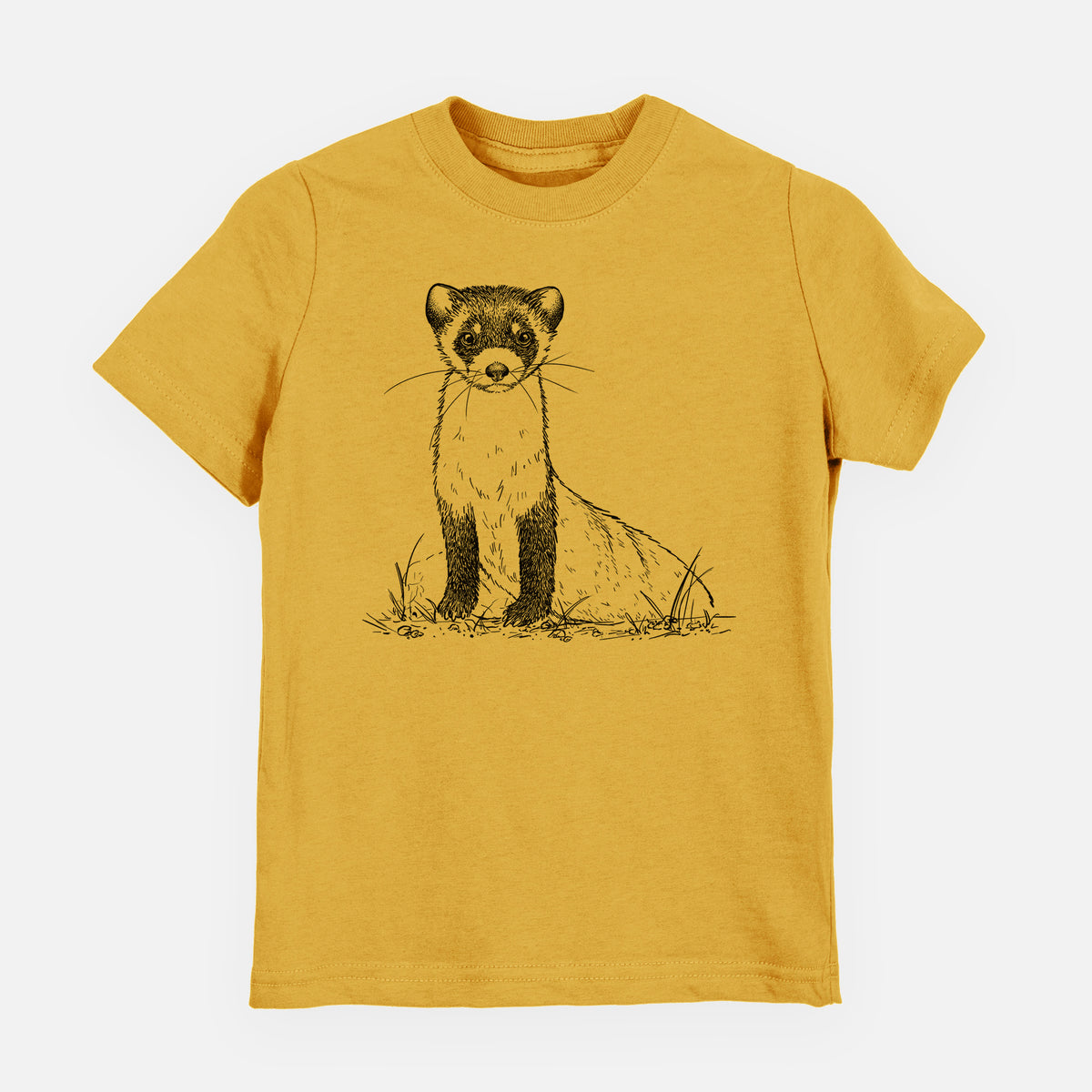 Honeycomb yellow youth t-shirt laid flat, printed with a detailed black ink illustration of a black-footed ferret sitting on the ground.