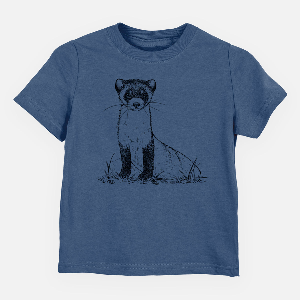 Indigo blue toddler t-shirt laid flat, printed with a detailed black ink illustration of a black-footed ferret sitting on the ground.