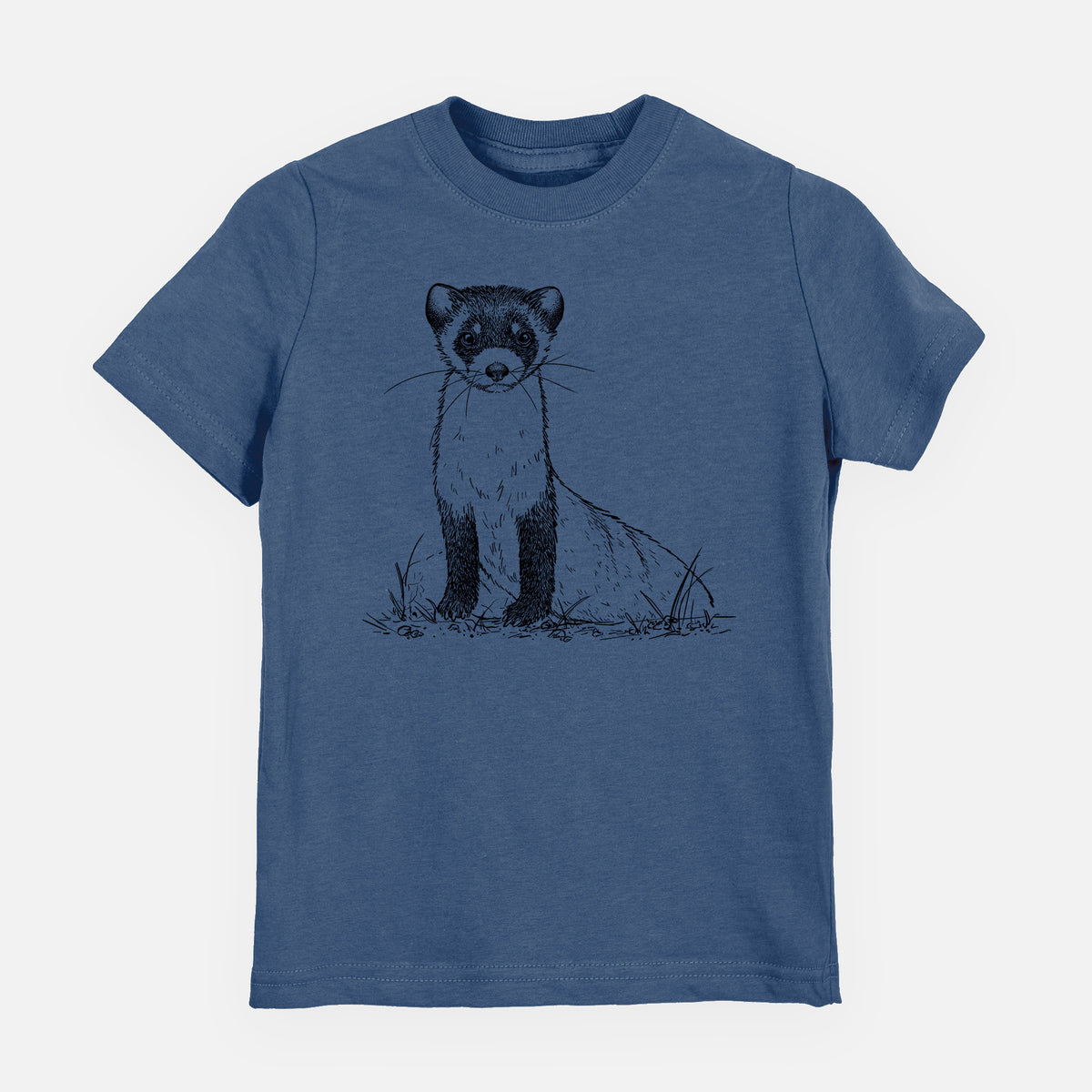 Indigo blue youth t-shirt laid flat, printed with a detailed black ink illustration of a black-footed ferret sitting on the ground.
