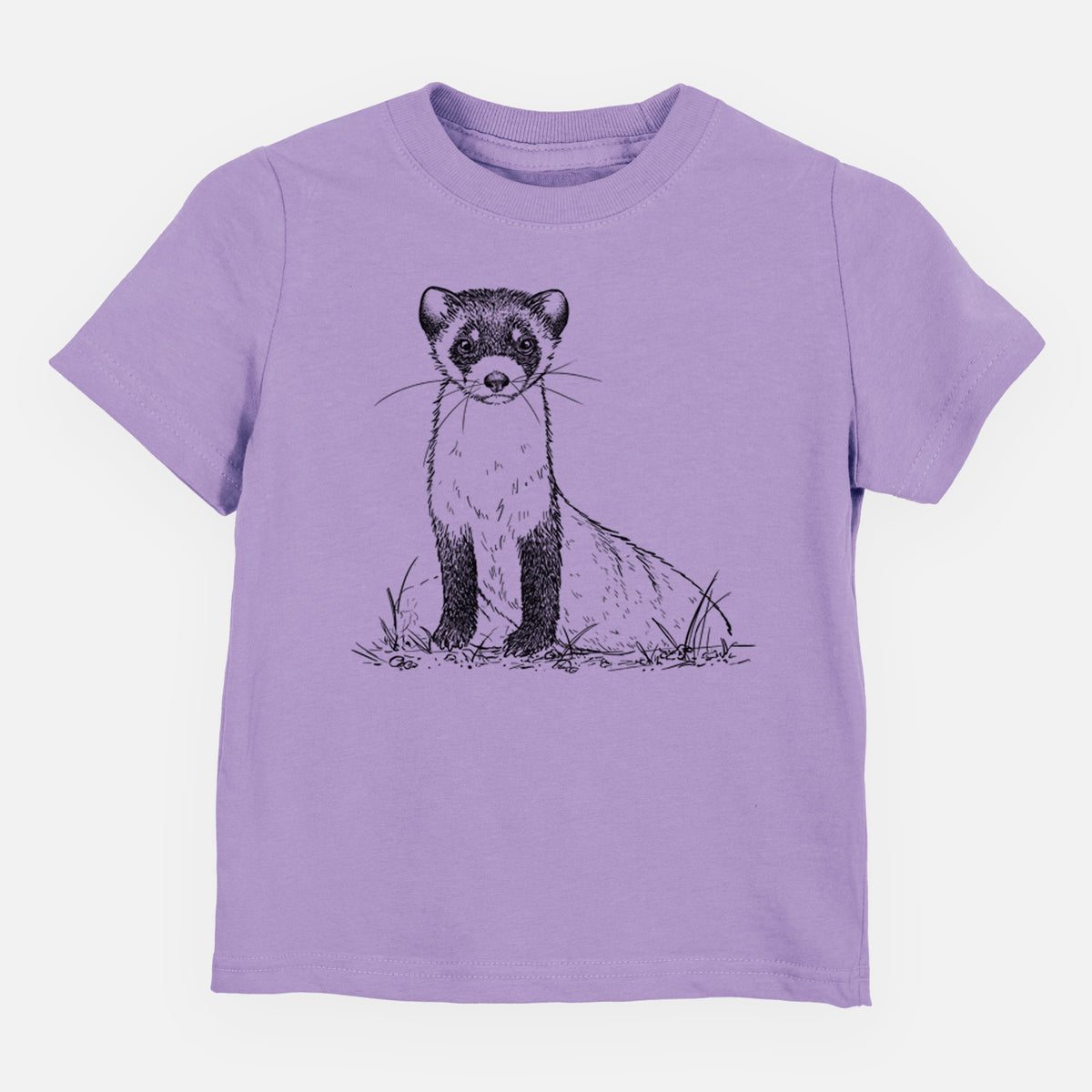 Lavender toddler t-shirt laid flat, printed with a detailed black ink illustration of a black-footed ferret sitting on the ground.
