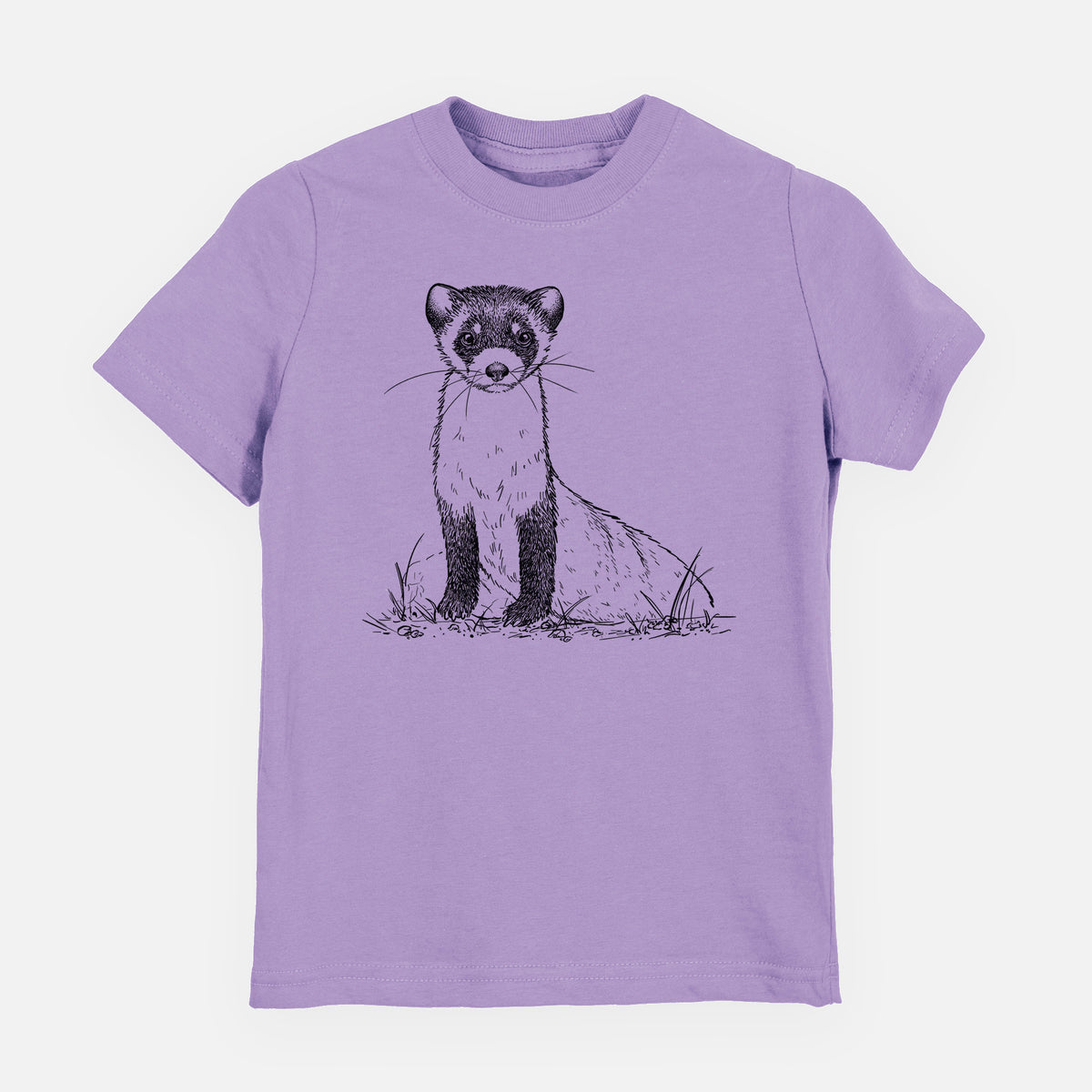 Lavender youth t-shirt laid flat, printed with a detailed black ink illustration of a black-footed ferret sitting on the ground.