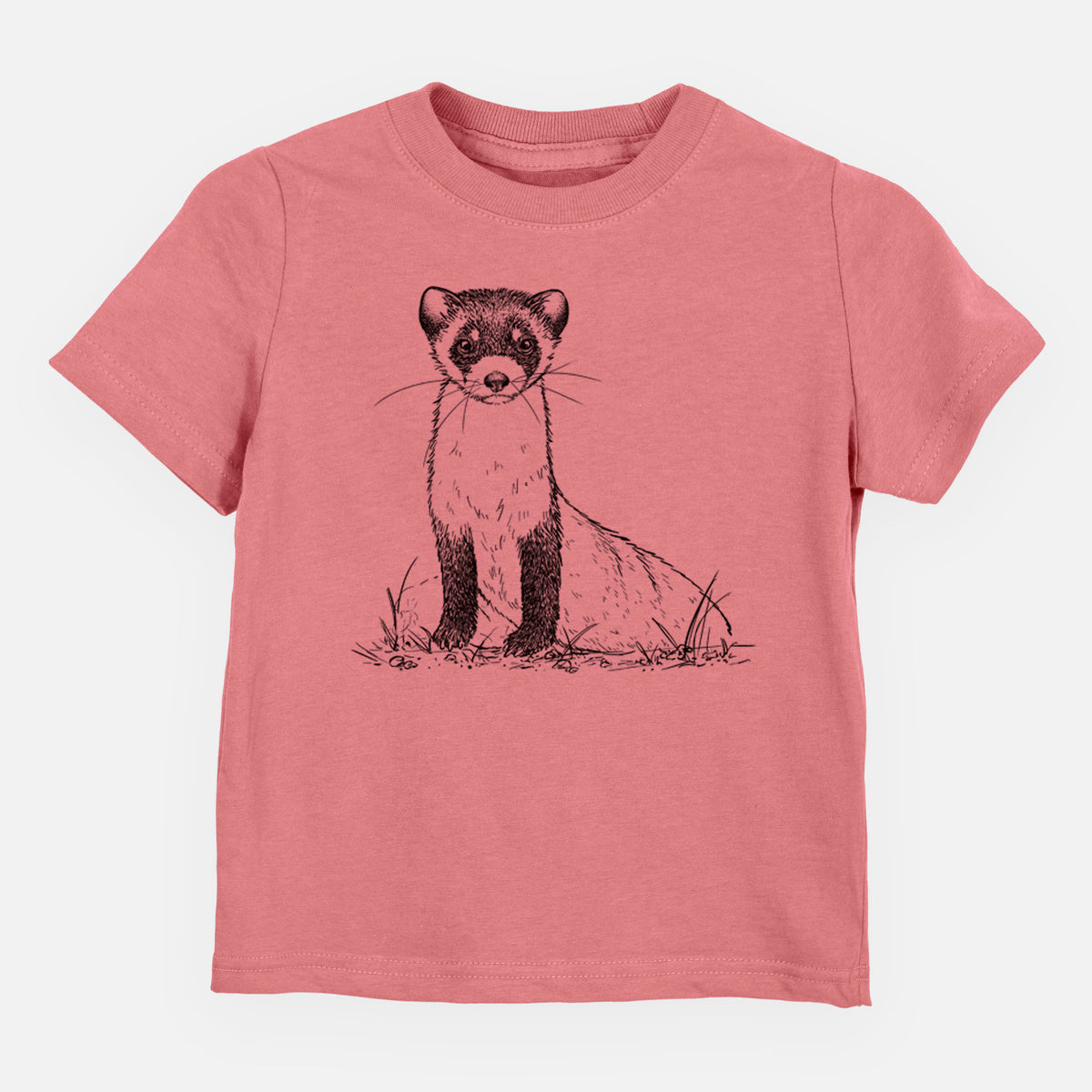 Mauve pink toddler t-shirt laid flat, printed with a detailed black ink illustration of a black-footed ferret sitting on the ground.