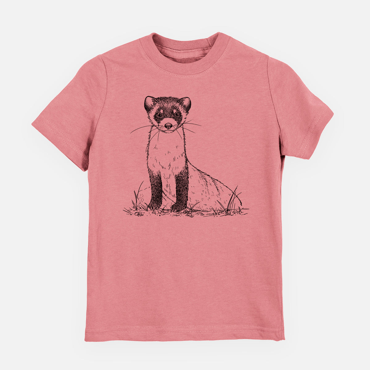 Mauve pink youth t-shirt laid flat, printed with a detailed black ink illustration of a black-footed ferret sitting on the ground.