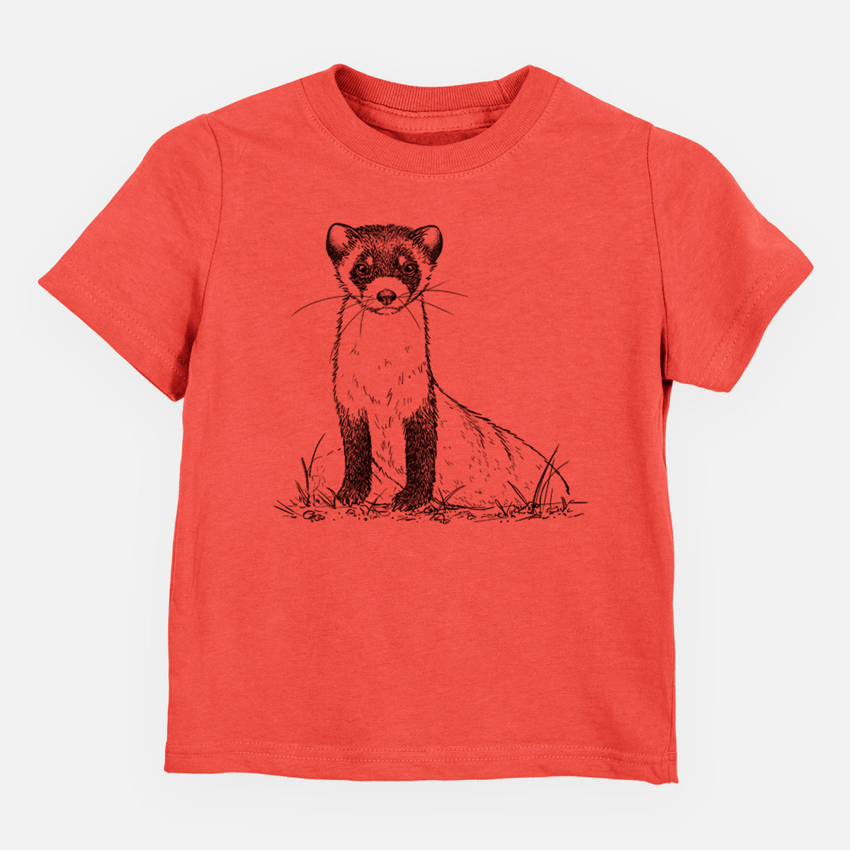 Passionfruit pink toddler t-shirt laid flat, printed with a detailed black ink illustration of a black-footed ferret sitting on the ground.