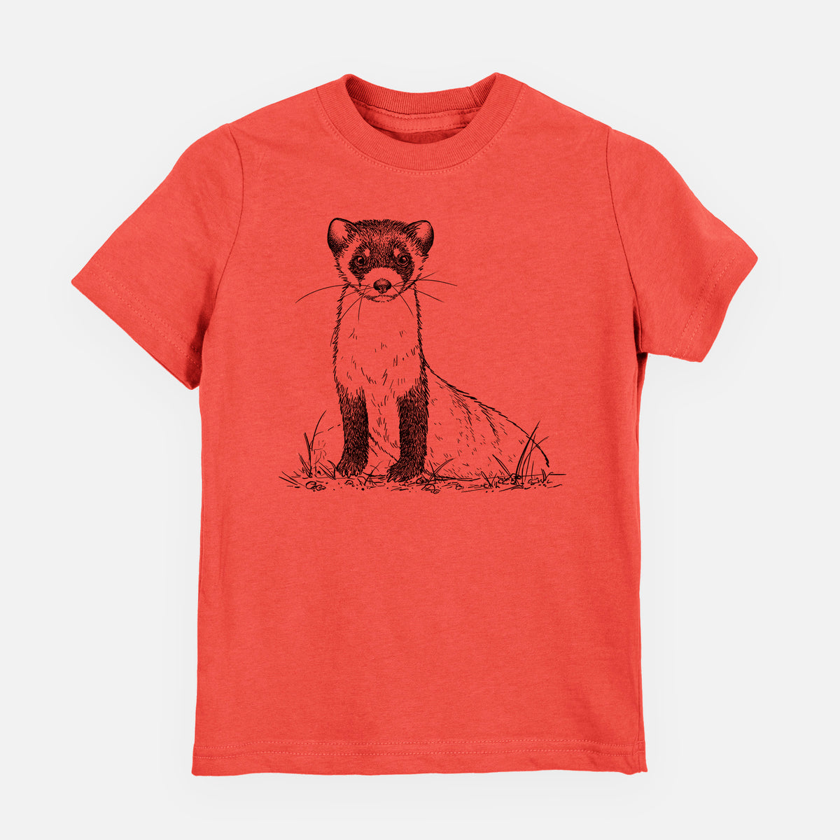 Passionfruit pink youth t-shirt laid flat, printed with a detailed black ink illustration of a black-footed ferret sitting on the ground.