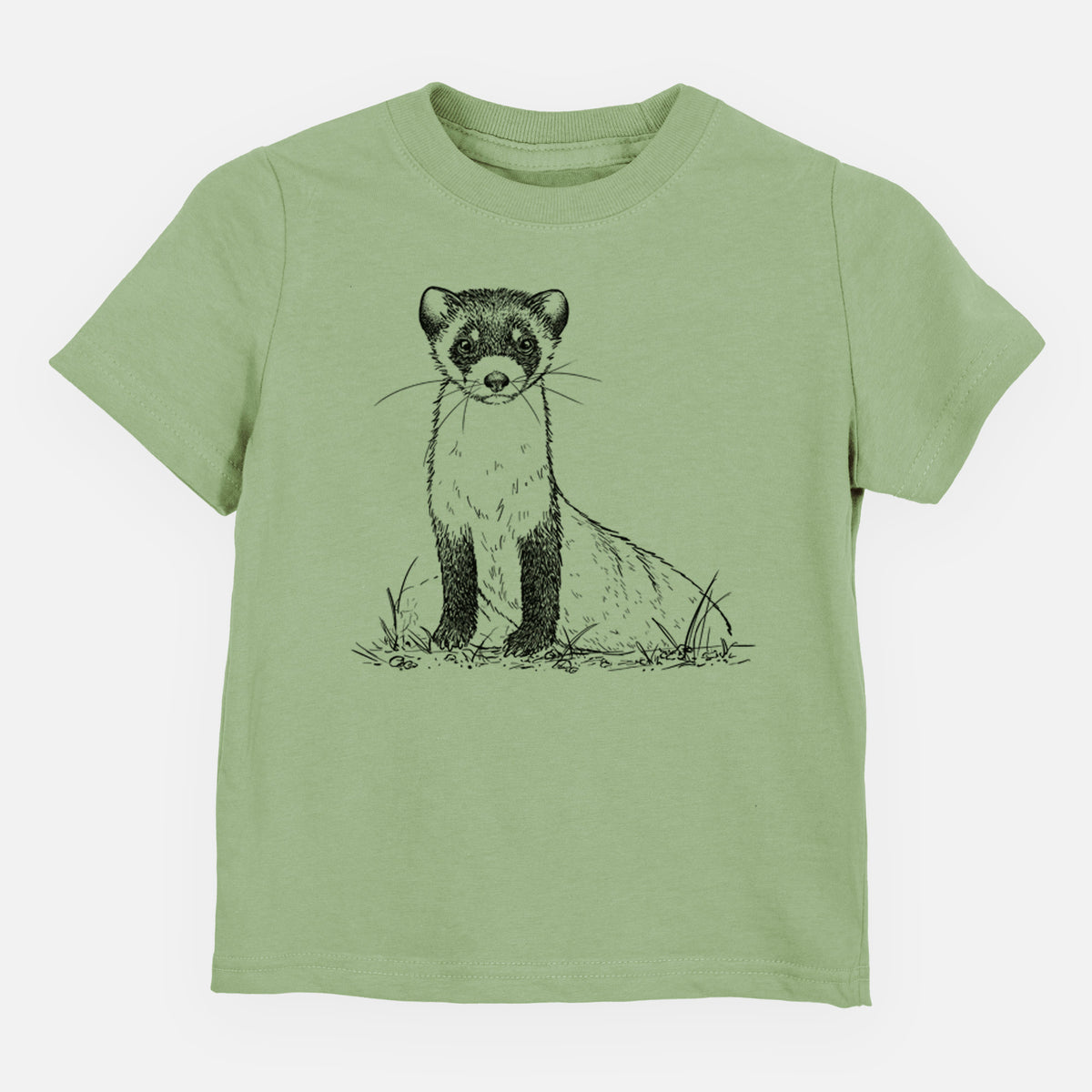 Sage green toddler t-shirt laid flat, printed with a detailed black ink illustration of a black-footed ferret sitting on the ground.