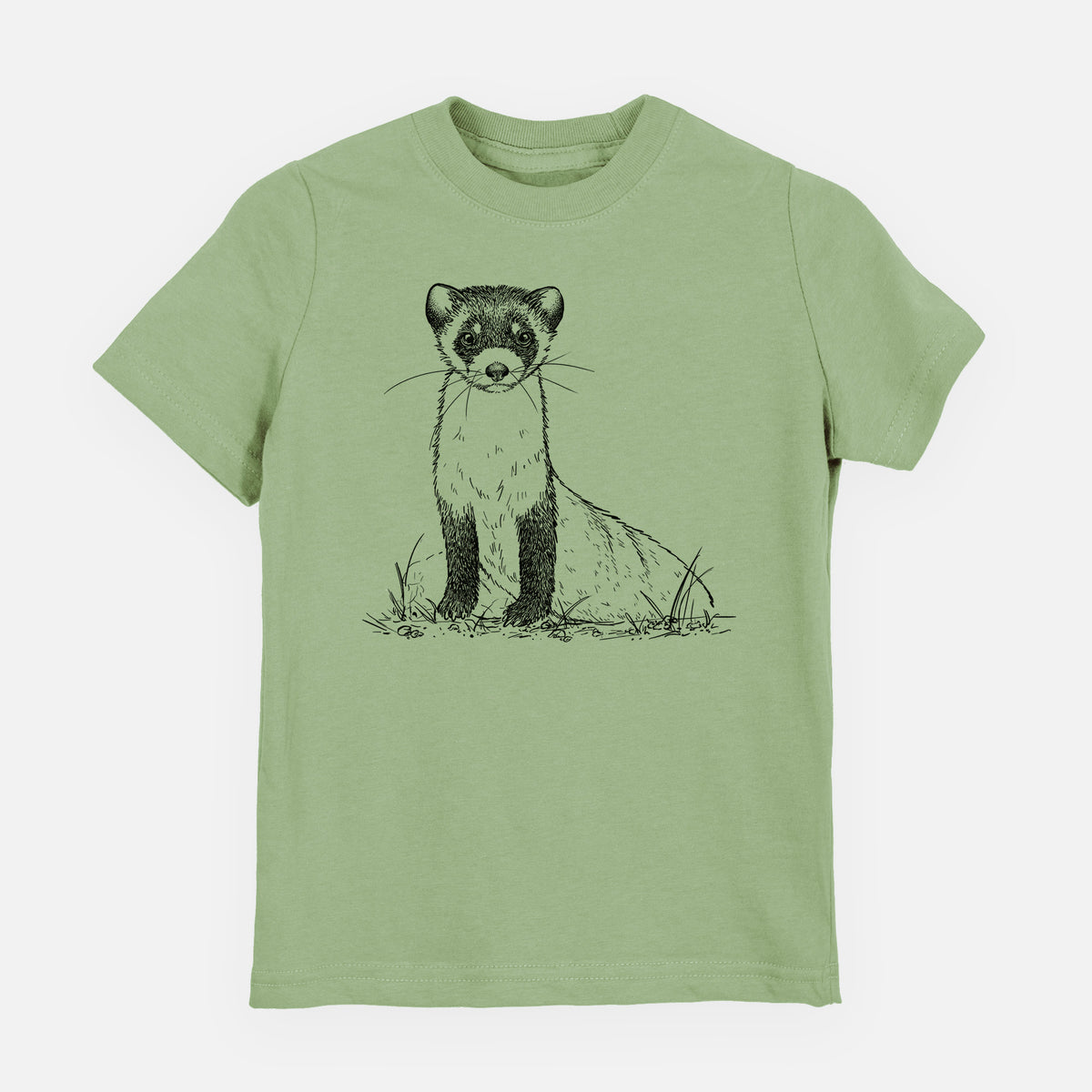 Sage green youth t-shirt laid flat, printed with a detailed black ink illustration of a black-footed ferret sitting on the ground.