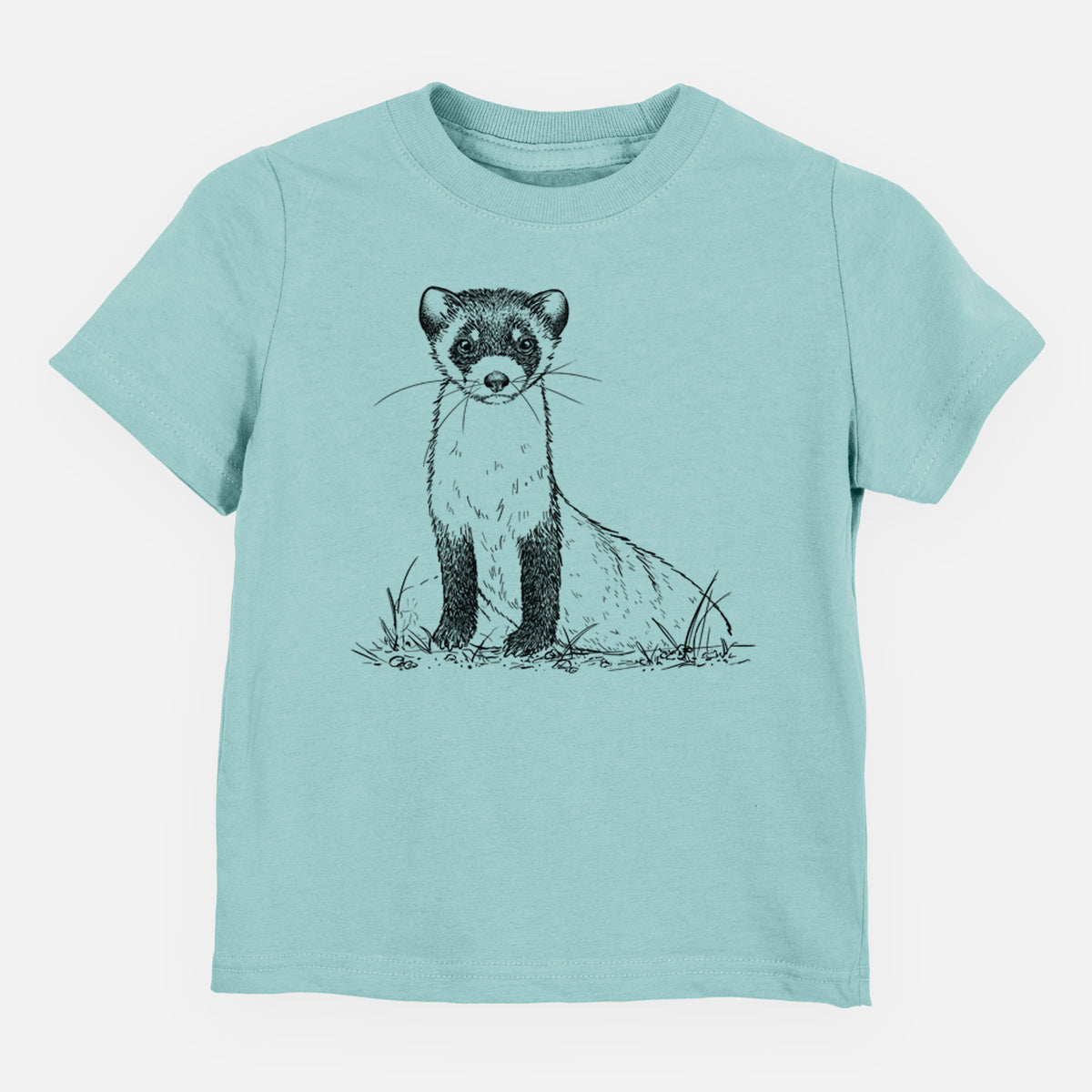 Saltwater toddler t-shirt laid flat, printed with a detailed black ink illustration of a black-footed ferret sitting on the ground.