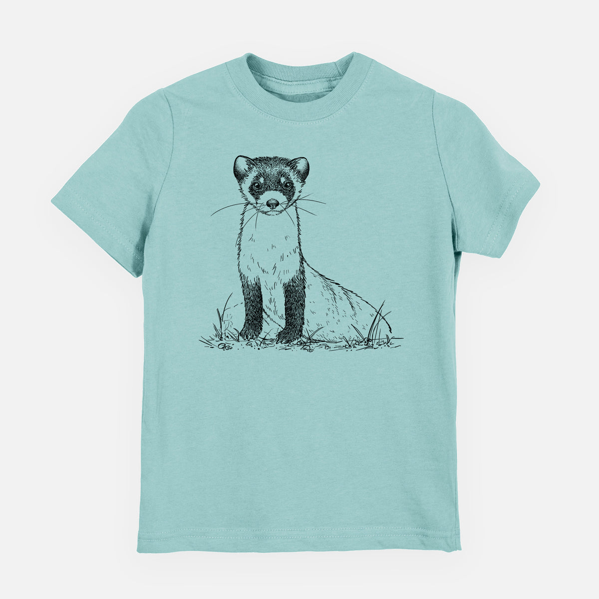 Saltwater youth t-shirt laid flat, printed with a detailed black ink illustration of a black-footed ferret sitting on the ground.