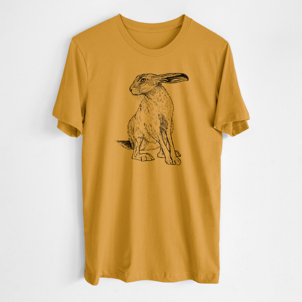 Honeycomb yellow lightweight cotton t-shirt laid flat, printed with a detailed black ink illustration of a black-tailed jackrabbit sitting with long upright ears.