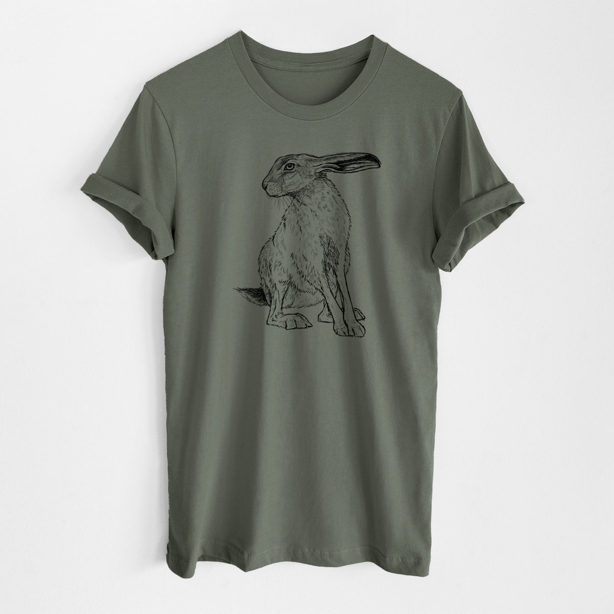 Military green lightweight cotton t-shirt laid flat, printed with a detailed black ink illustration of a black-tailed jackrabbit sitting with long upright ears.