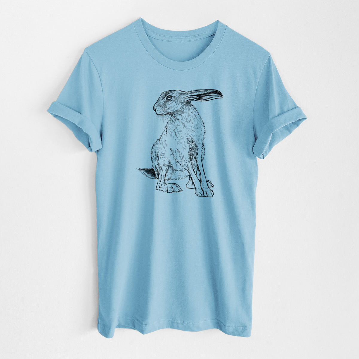 Ocean blue lightweight cotton t-shirt laid flat, printed with a detailed black ink illustration of a black-tailed jackrabbit sitting with long upright ears.