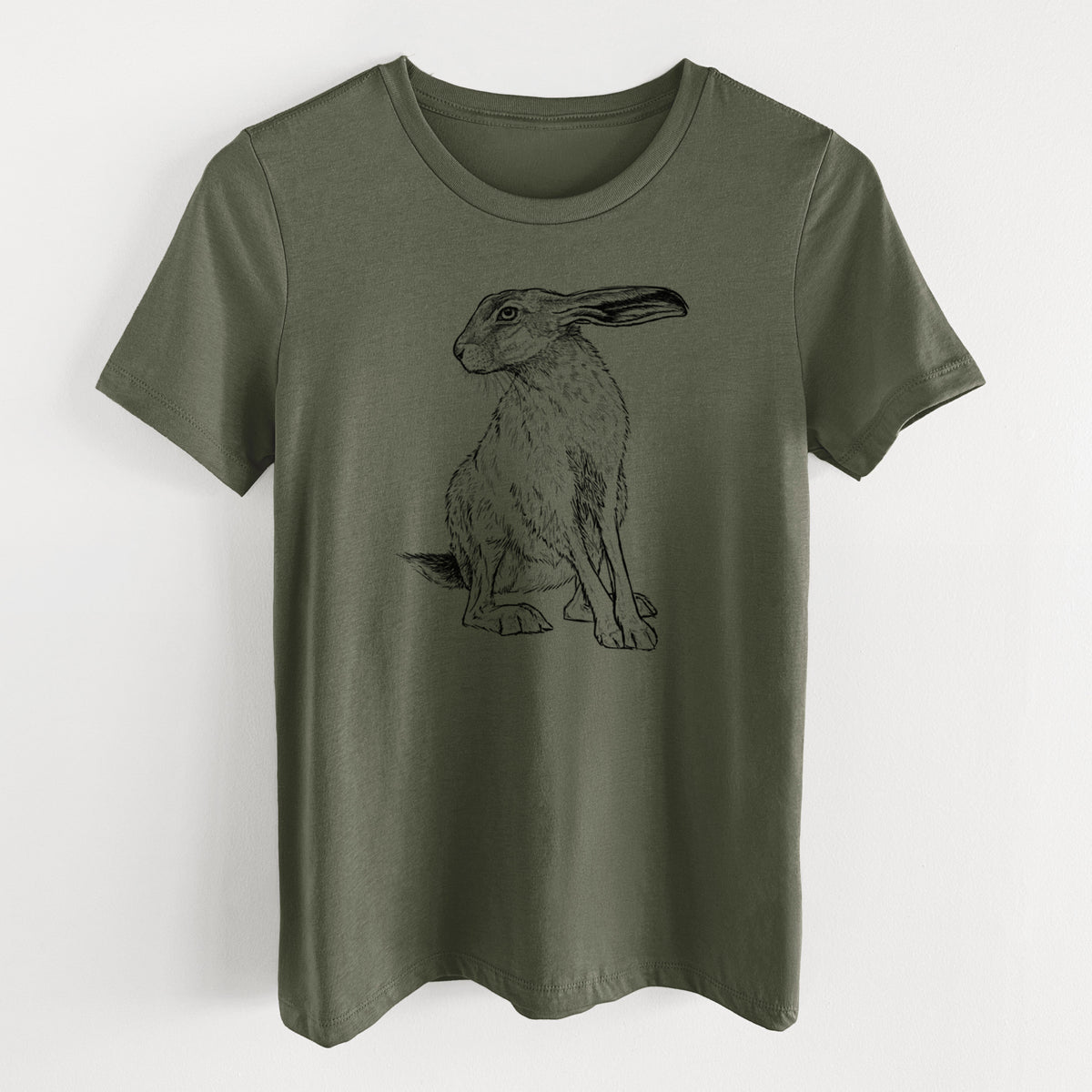 Military green women's relaxed fit cotton t-shirt laid flat, printed with a detailed black ink illustration of a black-tailed jackrabbit sitting with long upright ears.