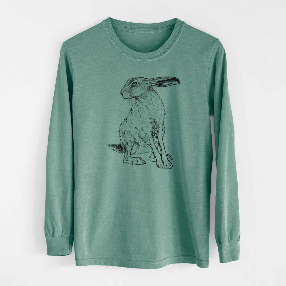 Pine green Comfort Colors long sleeve shirt laid flat, printed with a detailed black ink illustration of a black-tailed jackrabbit sitting with long upright ears.