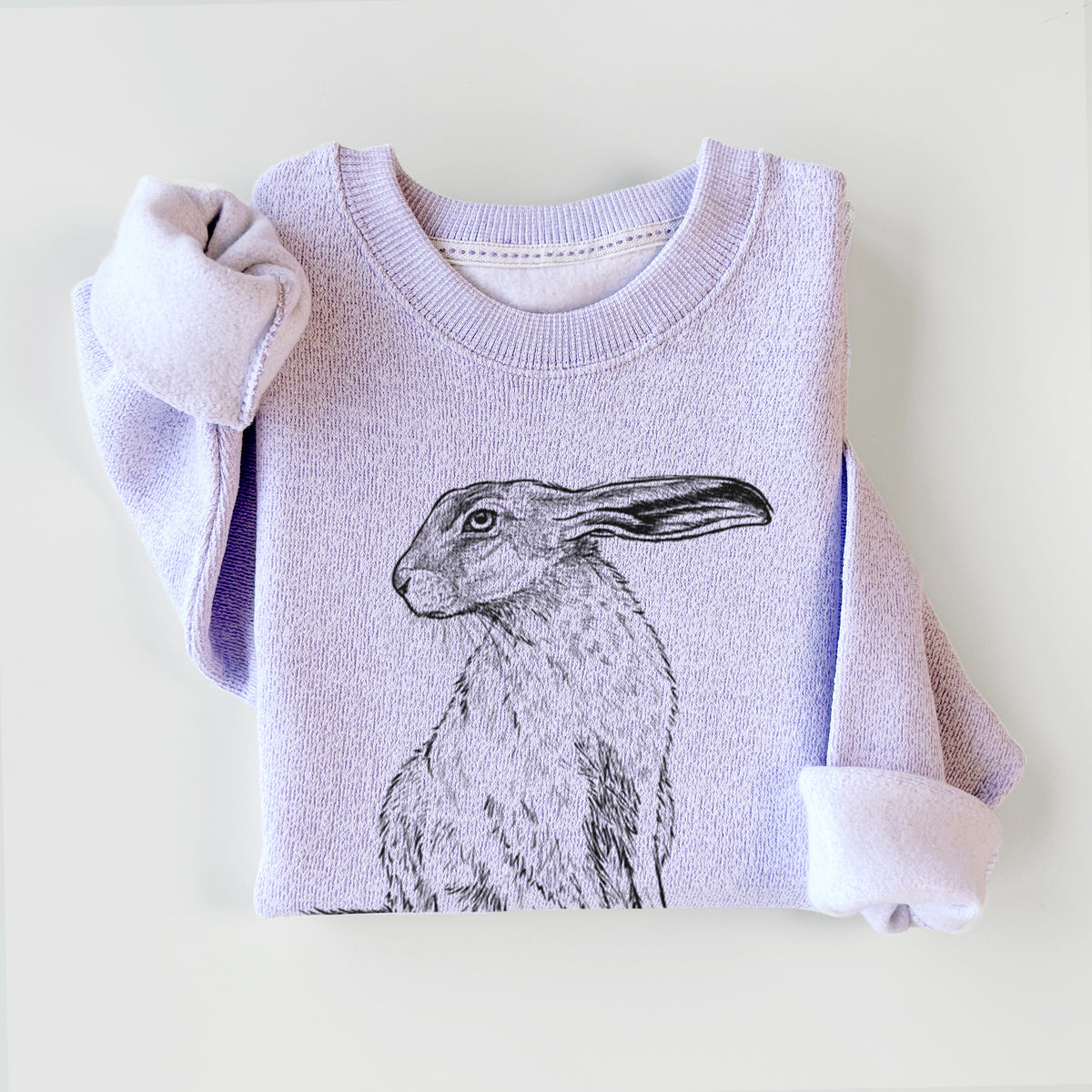 Ice purple knit sweatshirt printed with a detailed black ink illustration of a black-tailed jackrabbit sitting with long upright ears, styled flat.