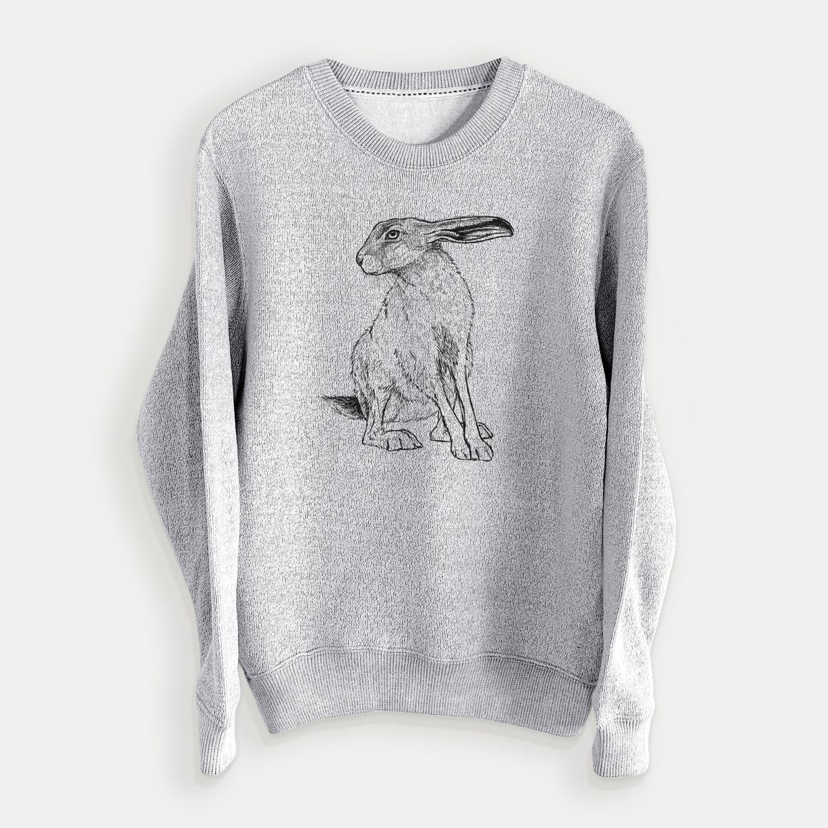 Salt and pepper knit sweatshirt laid flat, printed with a detailed black ink illustration of a black-tailed jackrabbit sitting with long upright ears.