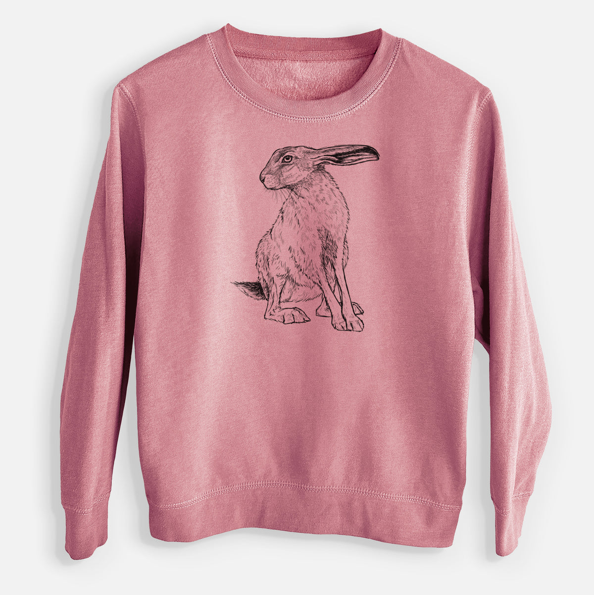 Mauve pink youth crewneck sweatshirt laid flat, printed with a detailed black ink illustration of a black-tailed jackrabbit sitting with long upright ears.