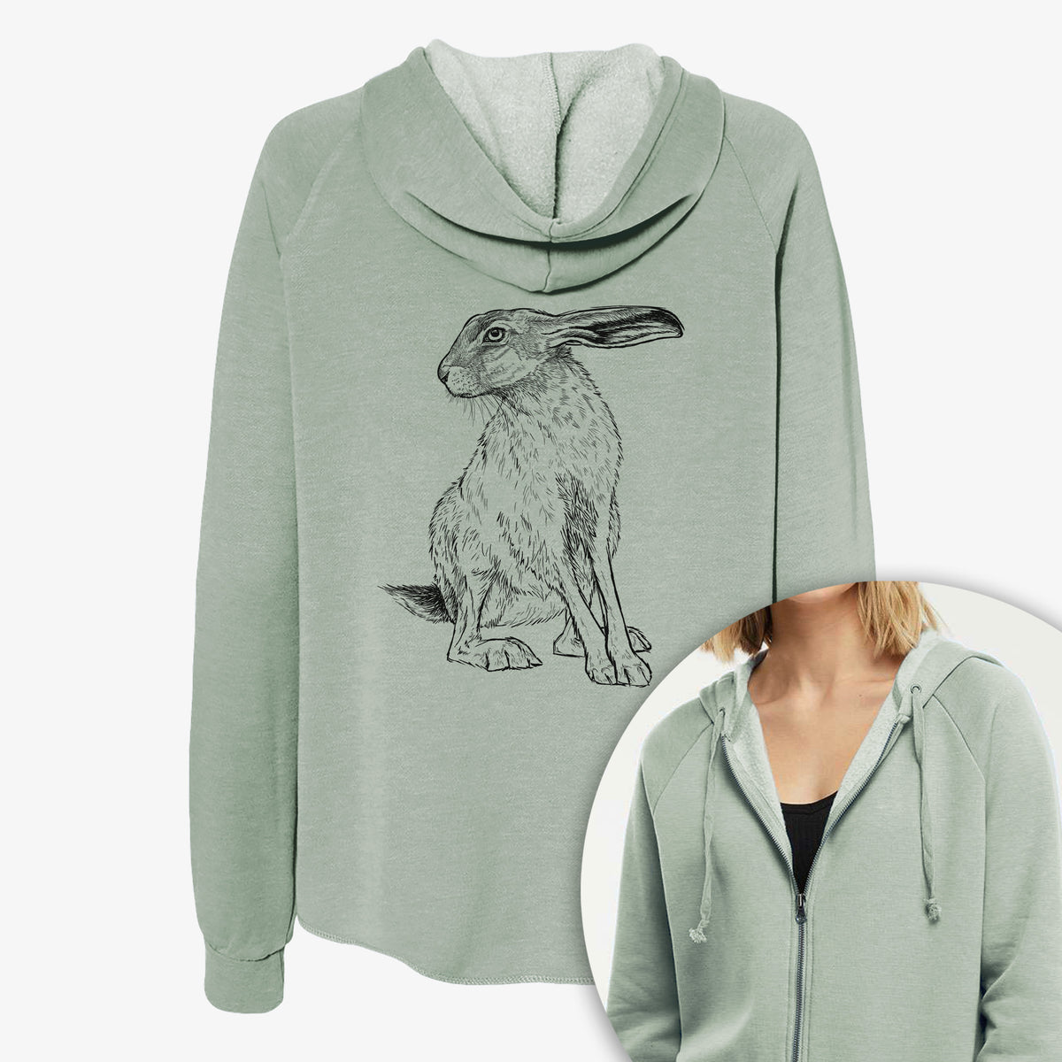Women's Cali Wave zip-up sweatshirt printed with a detailed black ink illustration of a black-tailed jackrabbit sitting with long upright ears, with a close-up of the zipper.