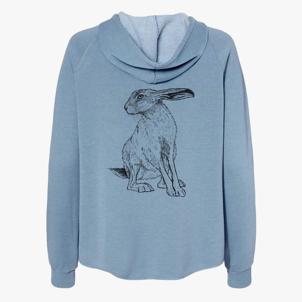 Misty blue women's Cali Wave zip-up sweatshirt laid flat, printed with a detailed black ink illustration of a black-tailed jackrabbit sitting with long upright ears.