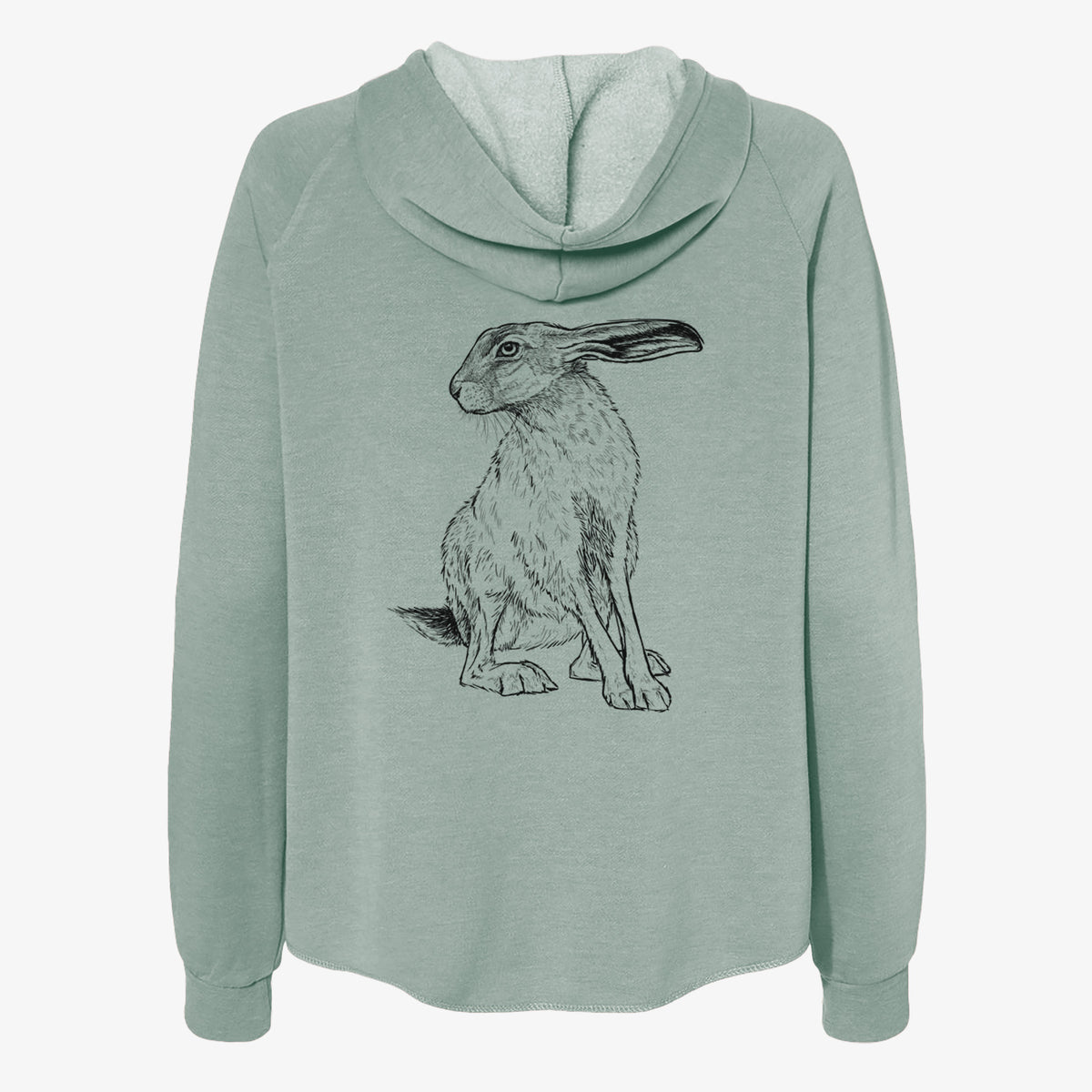 Sage green women's Cali Wave zip-up sweatshirt laid flat, printed with a detailed black ink illustration of a black-tailed jackrabbit sitting with long upright ears.