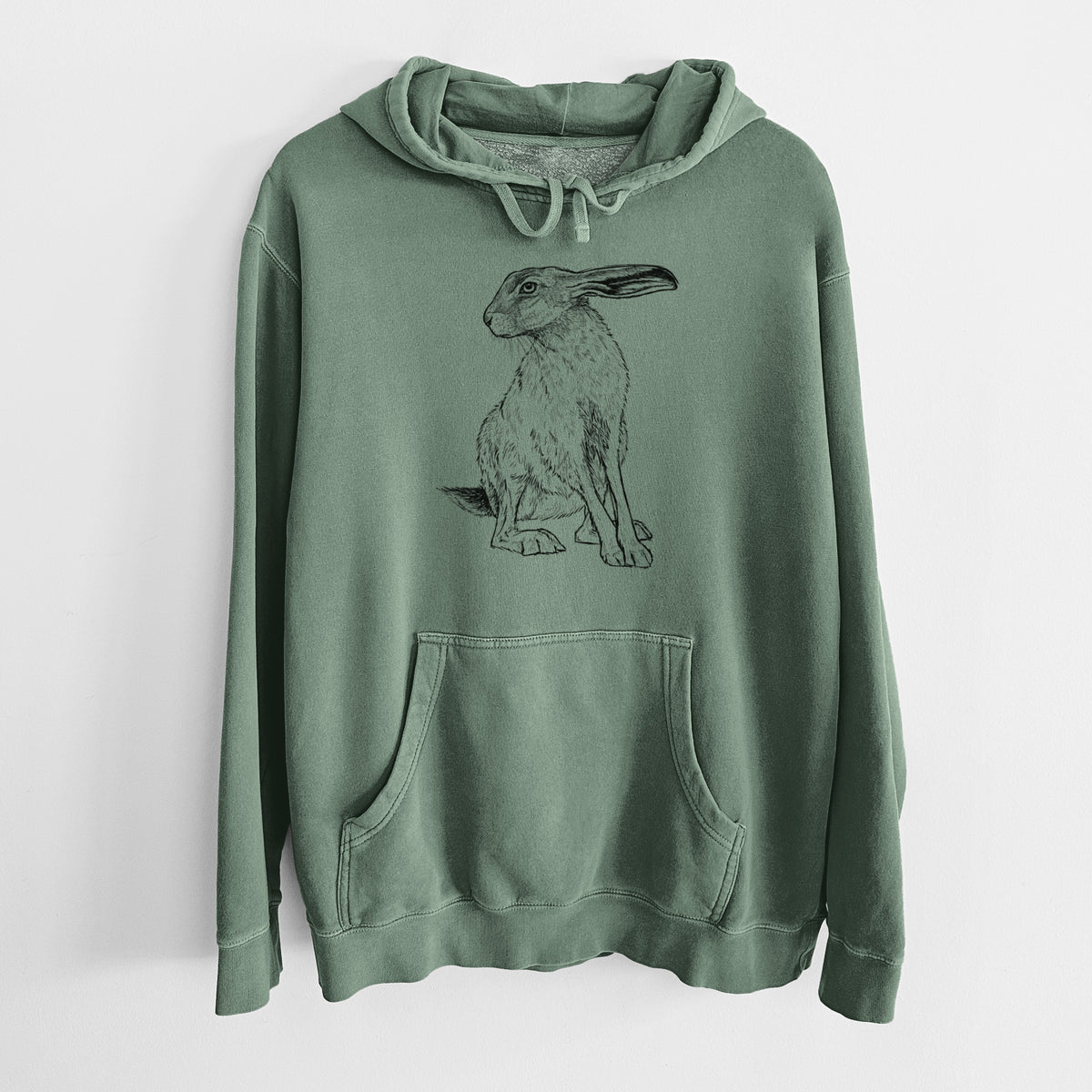 Alpine green pigment dyed hoodie laid flat, printed with a detailed black ink illustration of a black-tailed jackrabbit sitting with long upright ears.