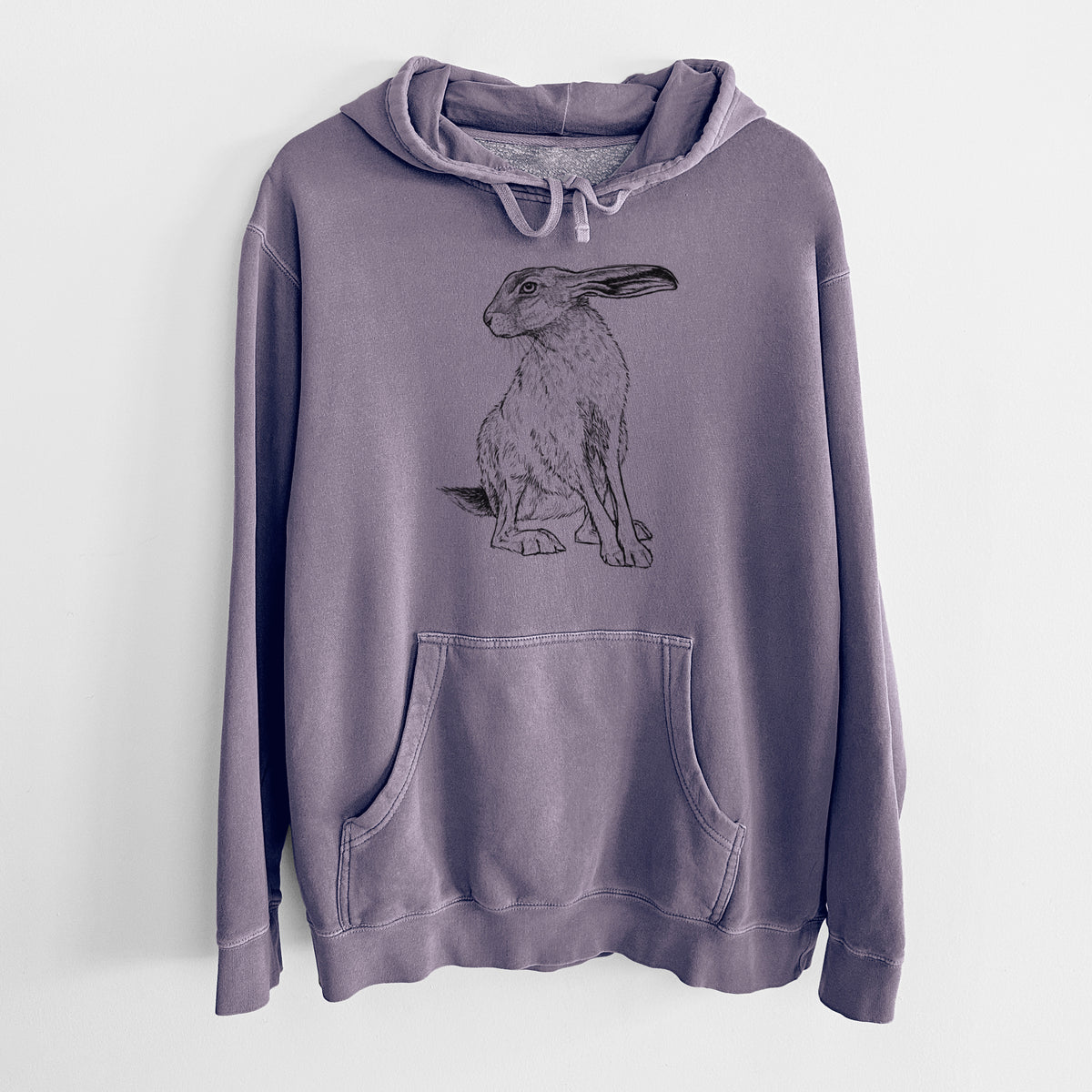 Plum purple pigment dyed hoodie laid flat, printed with a detailed black ink illustration of a black-tailed jackrabbit sitting with long upright ears.