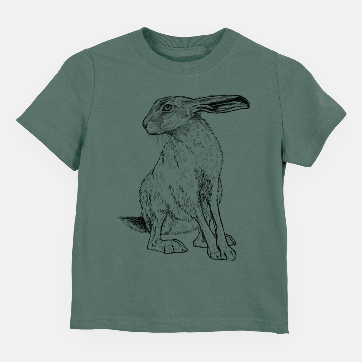 Basil green toddler t-shirt laid flat, printed with a detailed black ink illustration of a black-tailed jackrabbit sitting with long upright ears.
