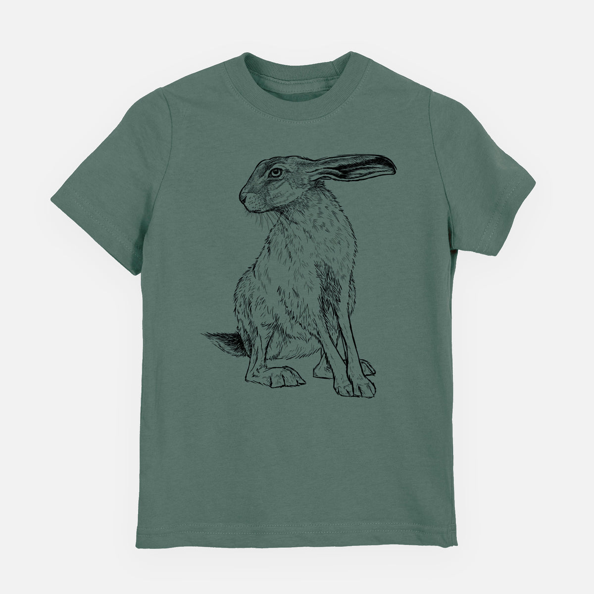 Basil green youth t-shirt laid flat, printed with a detailed black ink illustration of a black-tailed jackrabbit sitting with long upright ears.