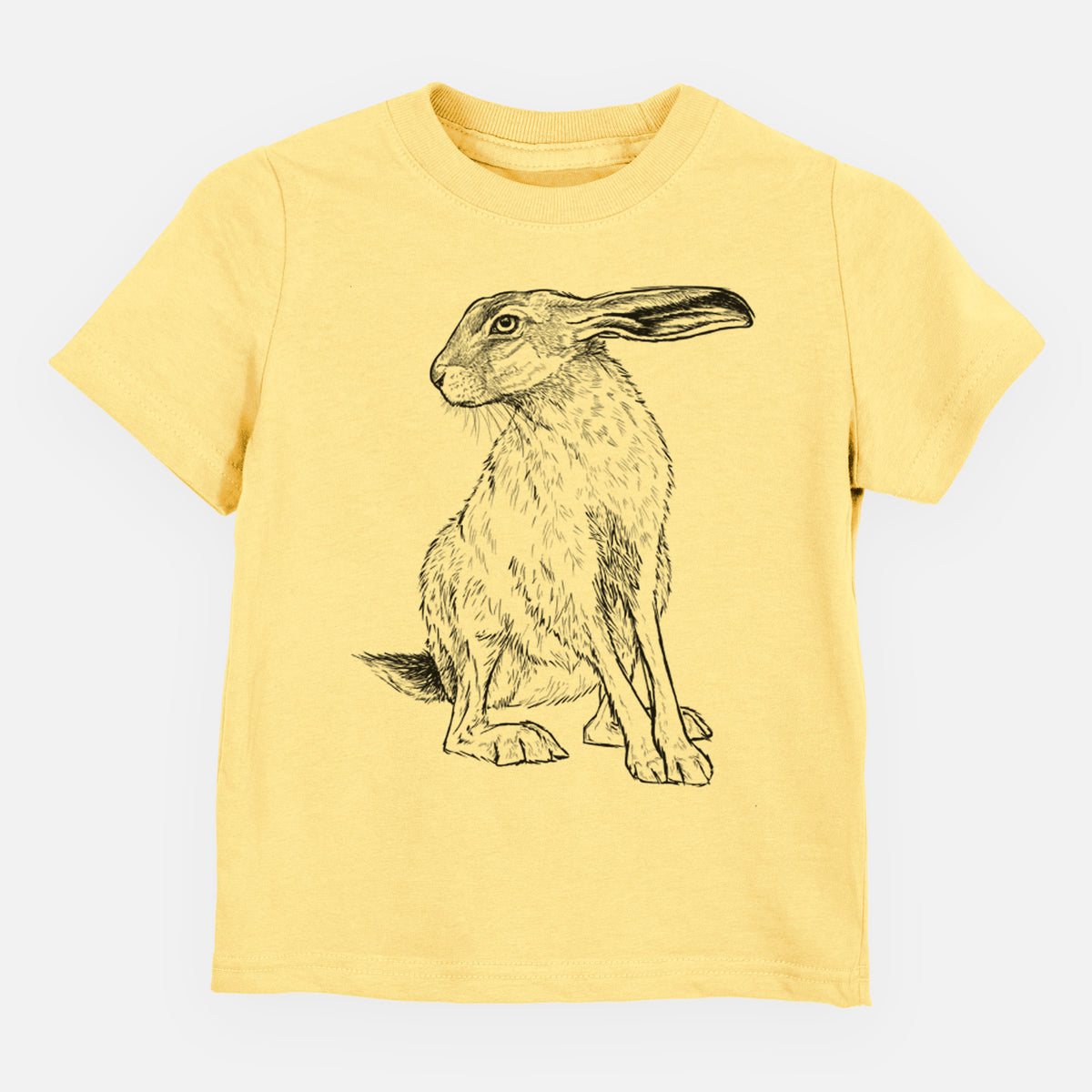 Butter yellow toddler t-shirt laid flat, printed with a detailed black ink illustration of a black-tailed jackrabbit sitting with long upright ears.