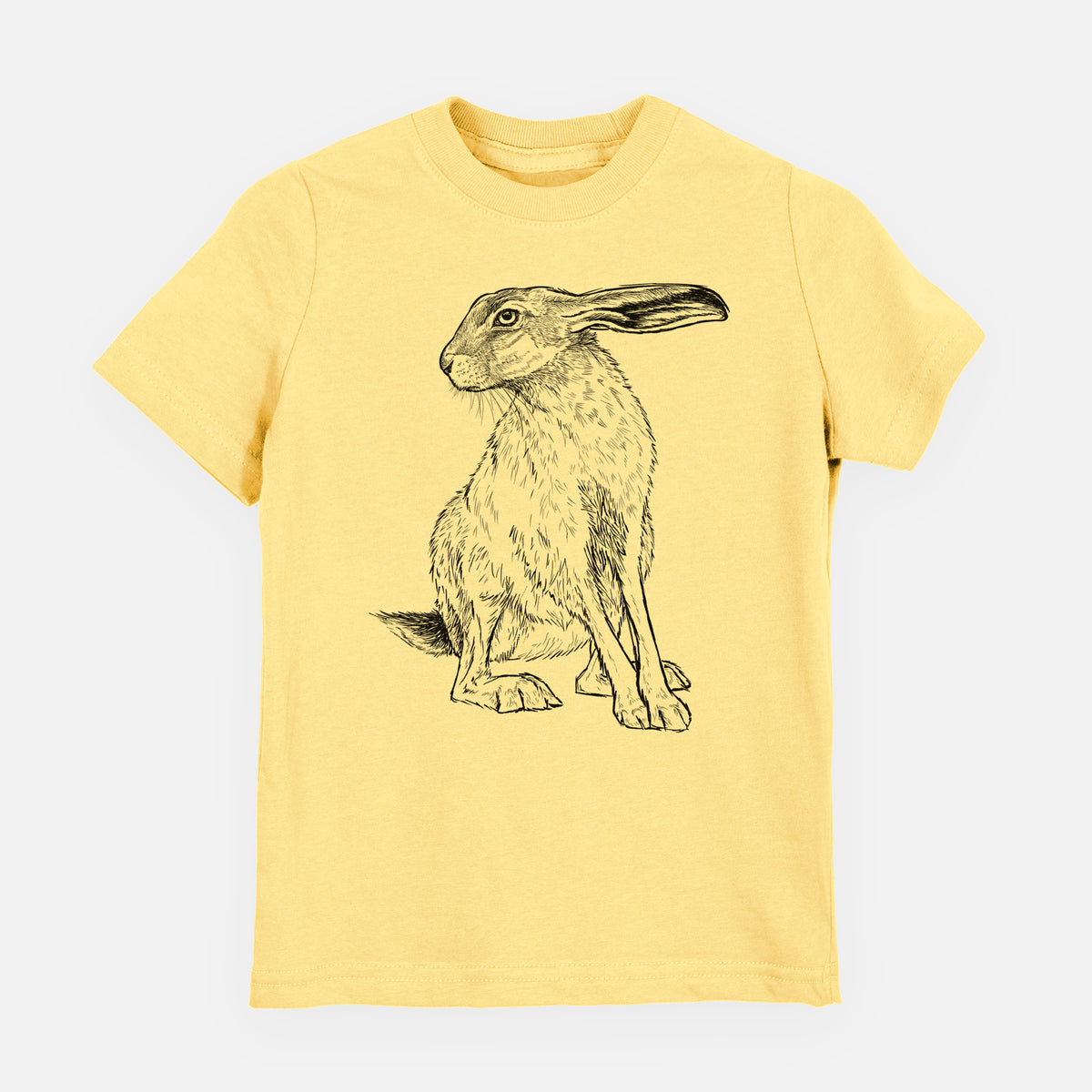 Butter yellow youth t-shirt laid flat, printed with a detailed black ink illustration of a black-tailed jackrabbit sitting with long upright ears.