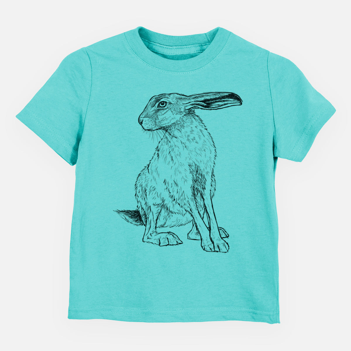 Caribbean blue toddler t-shirt laid flat, printed with a detailed black ink illustration of a black-tailed jackrabbit sitting with long upright ears.