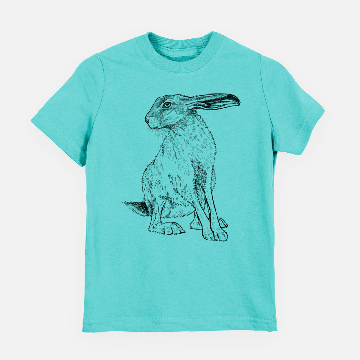 Caribbean blue youth t-shirt laid flat, printed with a detailed black ink illustration of a black-tailed jackrabbit sitting with long upright ears.