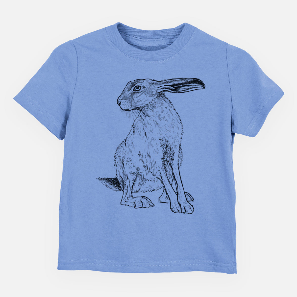 Carolina blue toddler t-shirt laid flat, printed with a detailed black ink illustration of a black-tailed jackrabbit sitting with long upright ears.