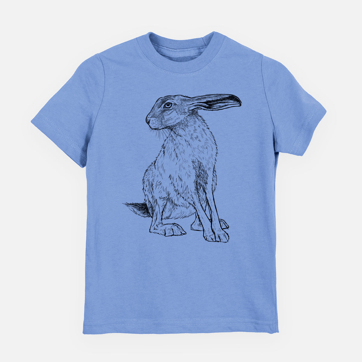 Carolina blue youth t-shirt laid flat, printed with a detailed black ink illustration of a black-tailed jackrabbit sitting with long upright ears.