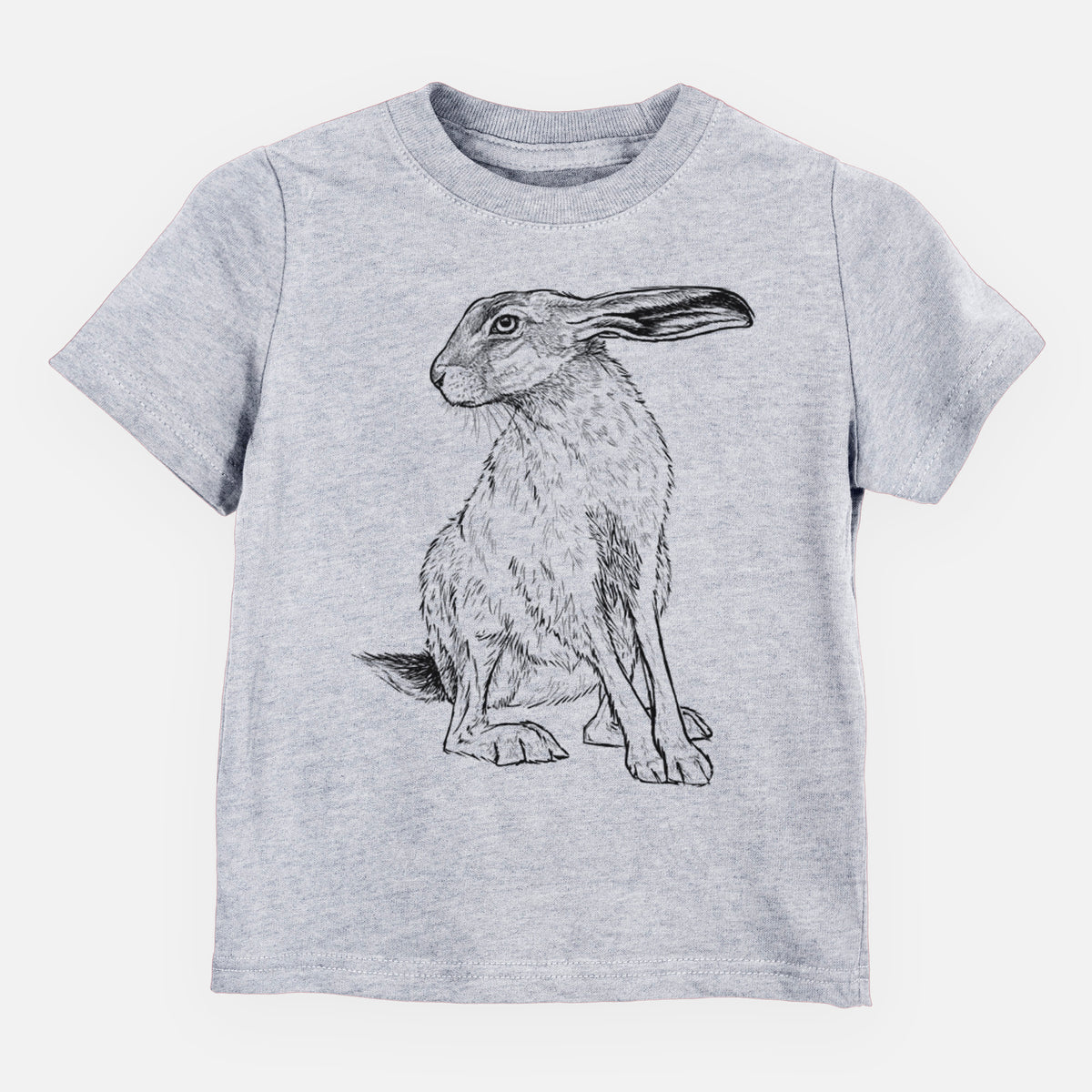 Heather grey toddler t-shirt laid flat, printed with a detailed black ink illustration of a black-tailed jackrabbit sitting with long upright ears.