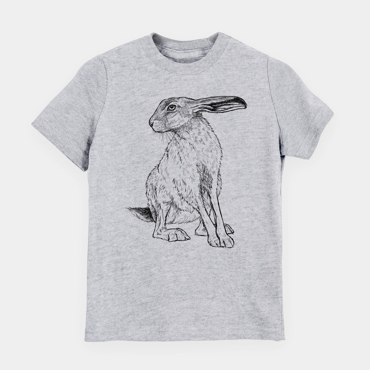 Heather grey youth t-shirt laid flat, printed with a detailed black ink illustration of a black-tailed jackrabbit sitting with long upright ears.