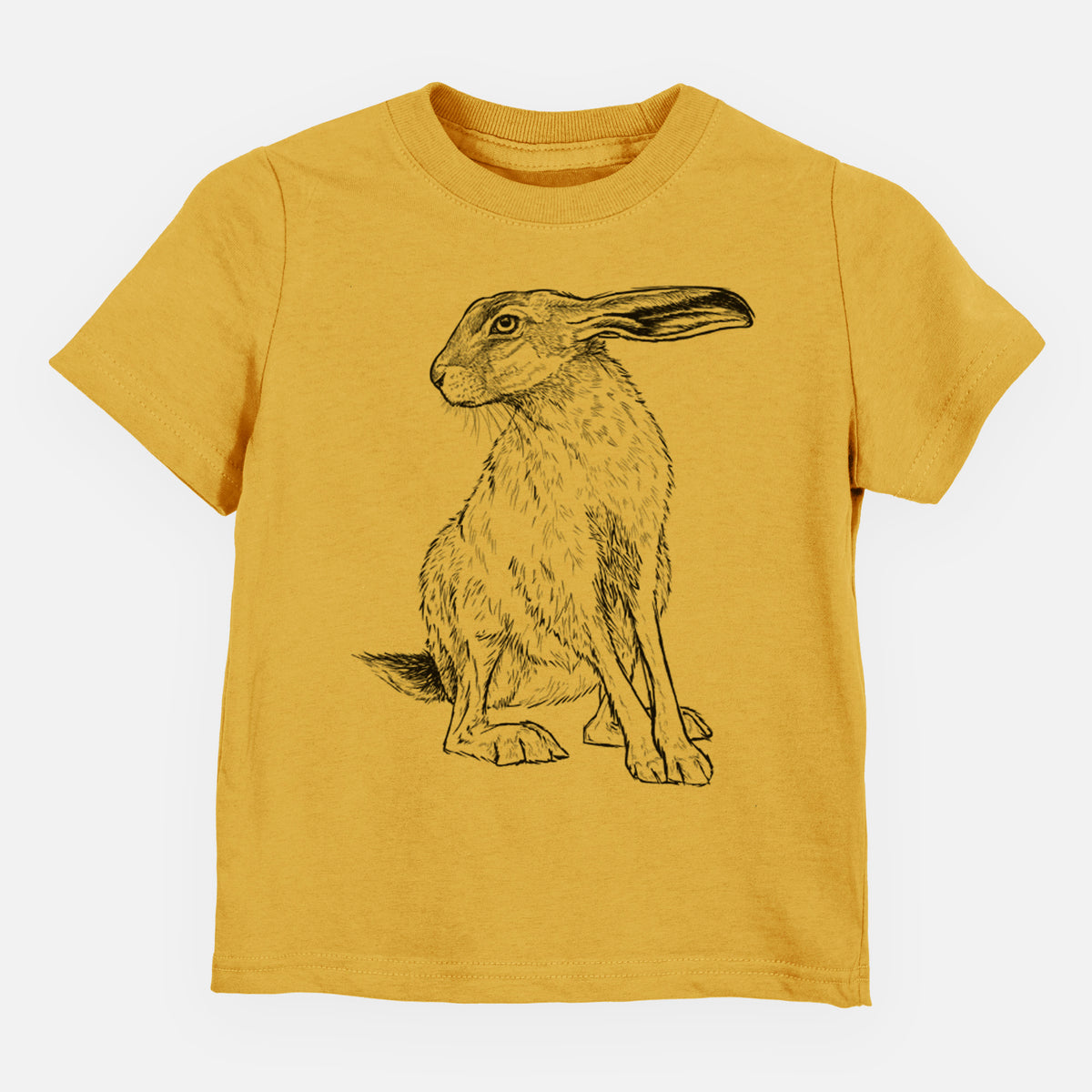 Honeycomb yellow toddler t-shirt laid flat, printed with a detailed black ink illustration of a black-tailed jackrabbit sitting with long upright ears.
