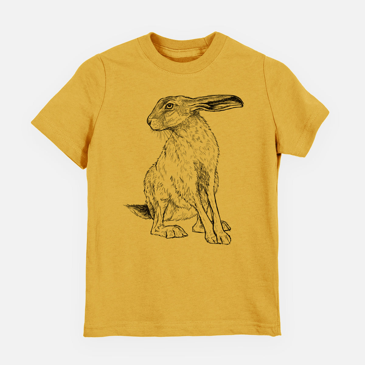 Honeycomb yellow youth t-shirt laid flat, printed with a detailed black ink illustration of a black-tailed jackrabbit sitting with long upright ears.