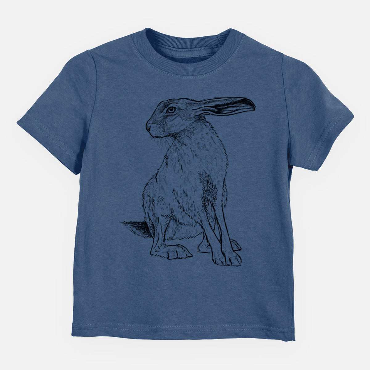 Indigo blue toddler t-shirt laid flat, printed with a detailed black ink illustration of a black-tailed jackrabbit sitting with long upright ears.