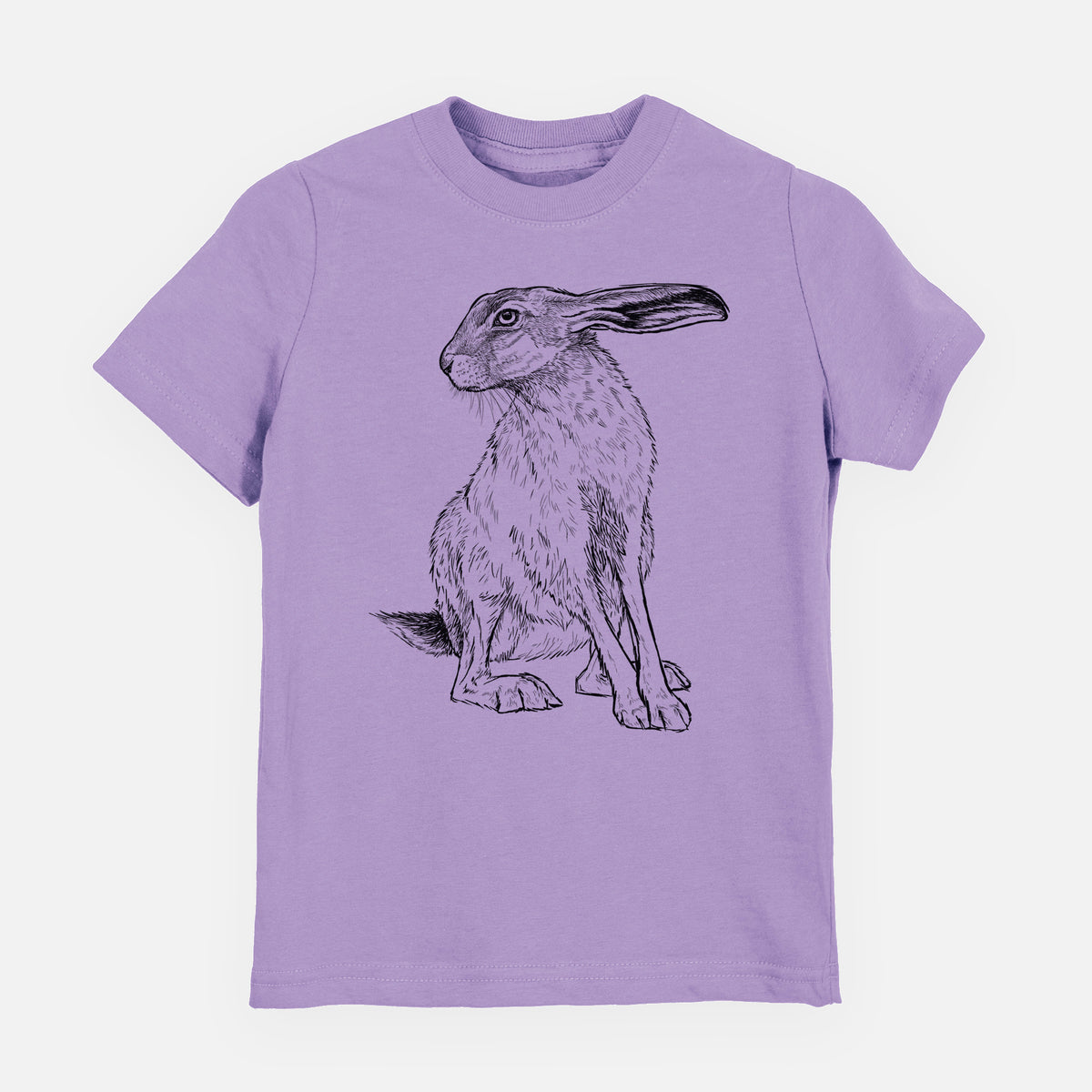 Lavender youth t-shirt laid flat, printed with a detailed black ink illustration of a black-tailed jackrabbit sitting with long upright ears.