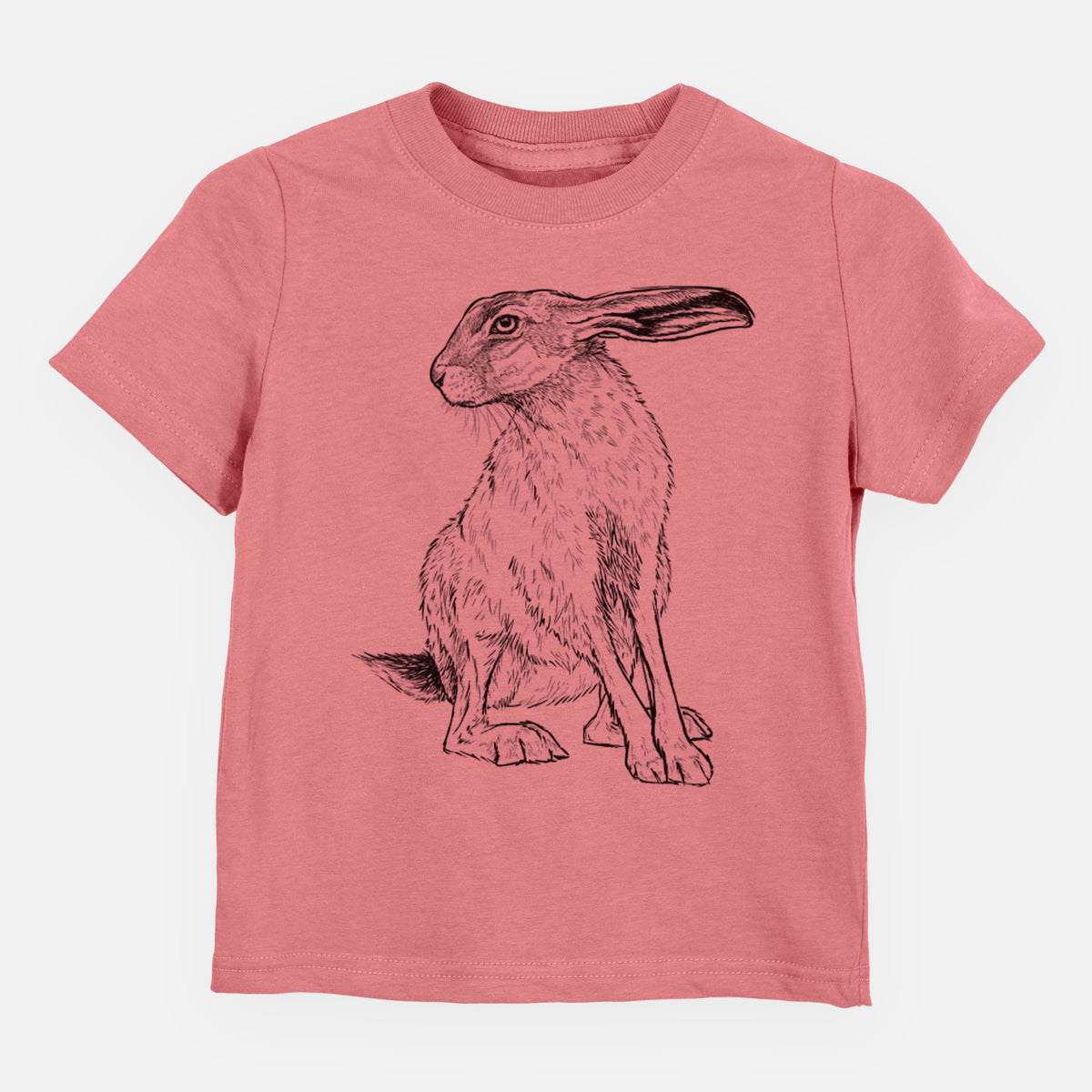 Mauve pink toddler t-shirt laid flat, printed with a detailed black ink illustration of a black-tailed jackrabbit sitting with long upright ears.