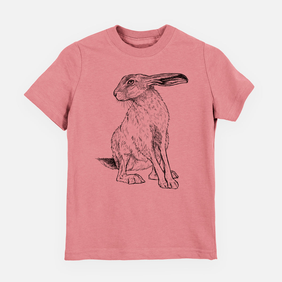 Mauve pink youth t-shirt laid flat, printed with a detailed black ink illustration of a black-tailed jackrabbit sitting with long upright ears.