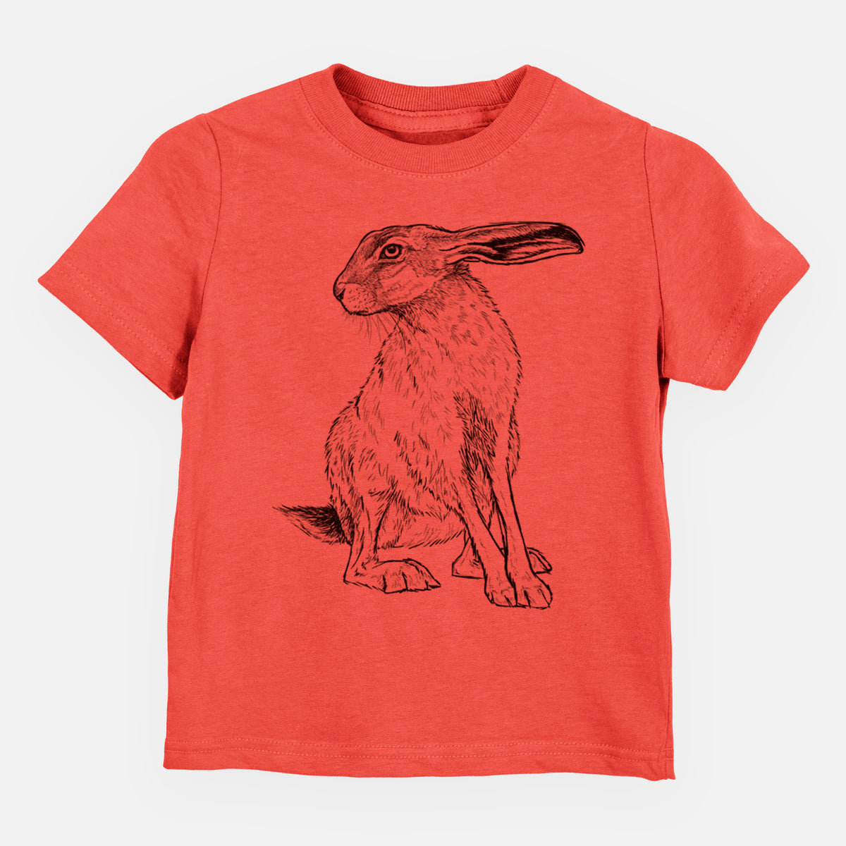 Passionfruit pink toddler t-shirt laid flat, printed with a detailed black ink illustration of a black-tailed jackrabbit sitting with long upright ears.